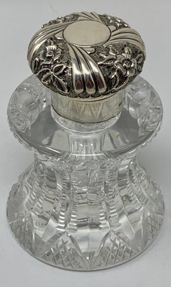 Antique English Edwardian Cut Crystal & Sterling Silver Inkwell, Circa 1900's
