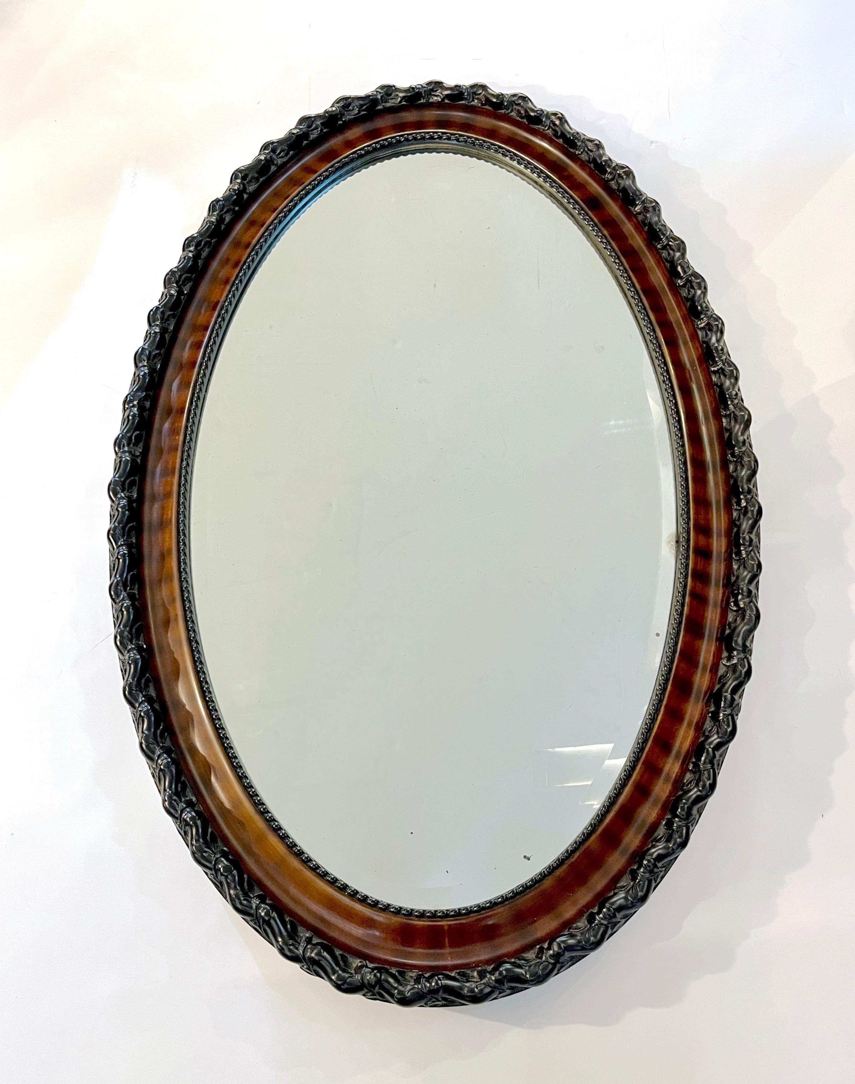Antiker englischer Edwardian Ebenholz Makassar Furnier Schwarz Braun Oval Spiegel im Angebot 5