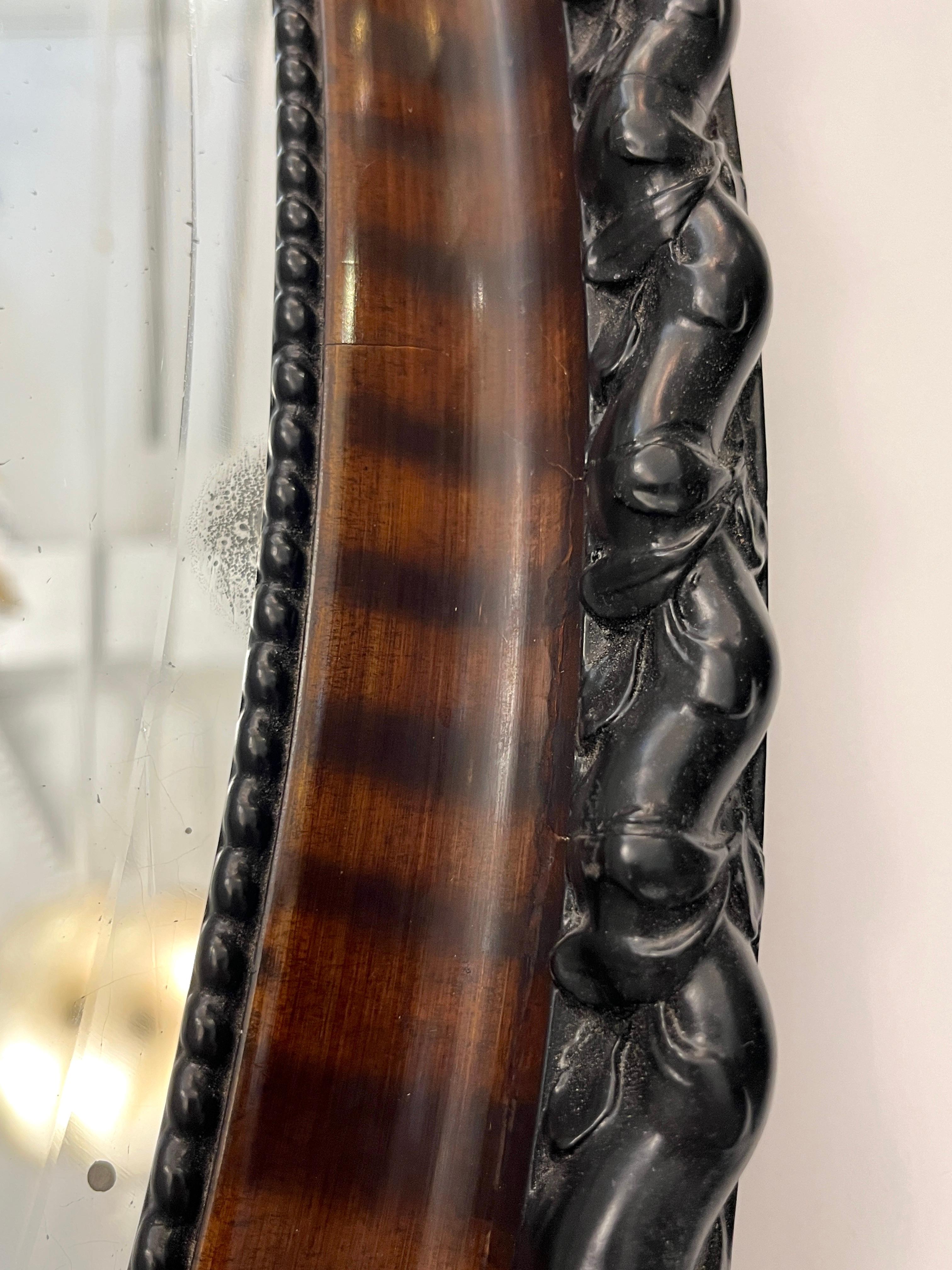 Antiker englischer Edwardian Ebenholz Makassar Furnier Schwarz Braun Oval Spiegel (Abgeschrägt) im Angebot