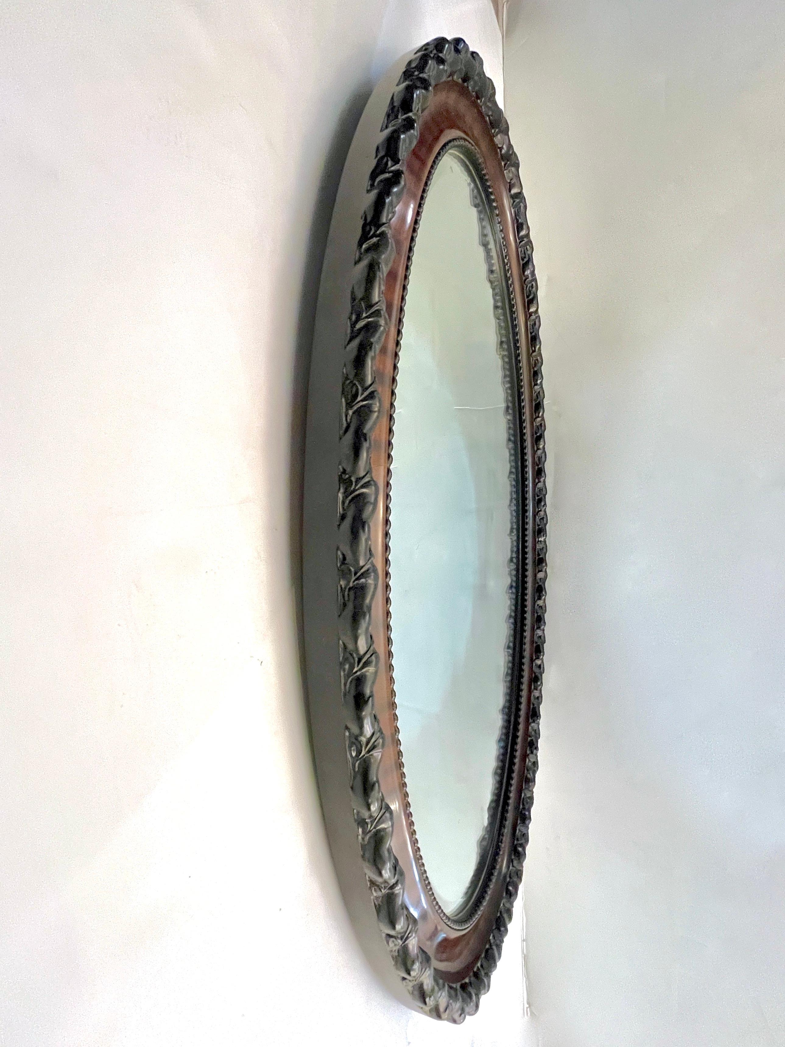 Antiker englischer Edwardian Ebenholz Makassar Furnier Schwarz Braun Oval Spiegel im Angebot 1