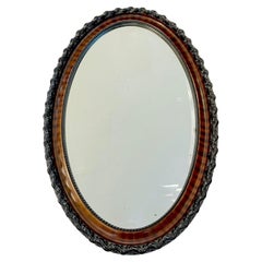 Antiker englischer Edwardian Ebenholz Makassar Furnier Schwarz Braun Oval Spiegel