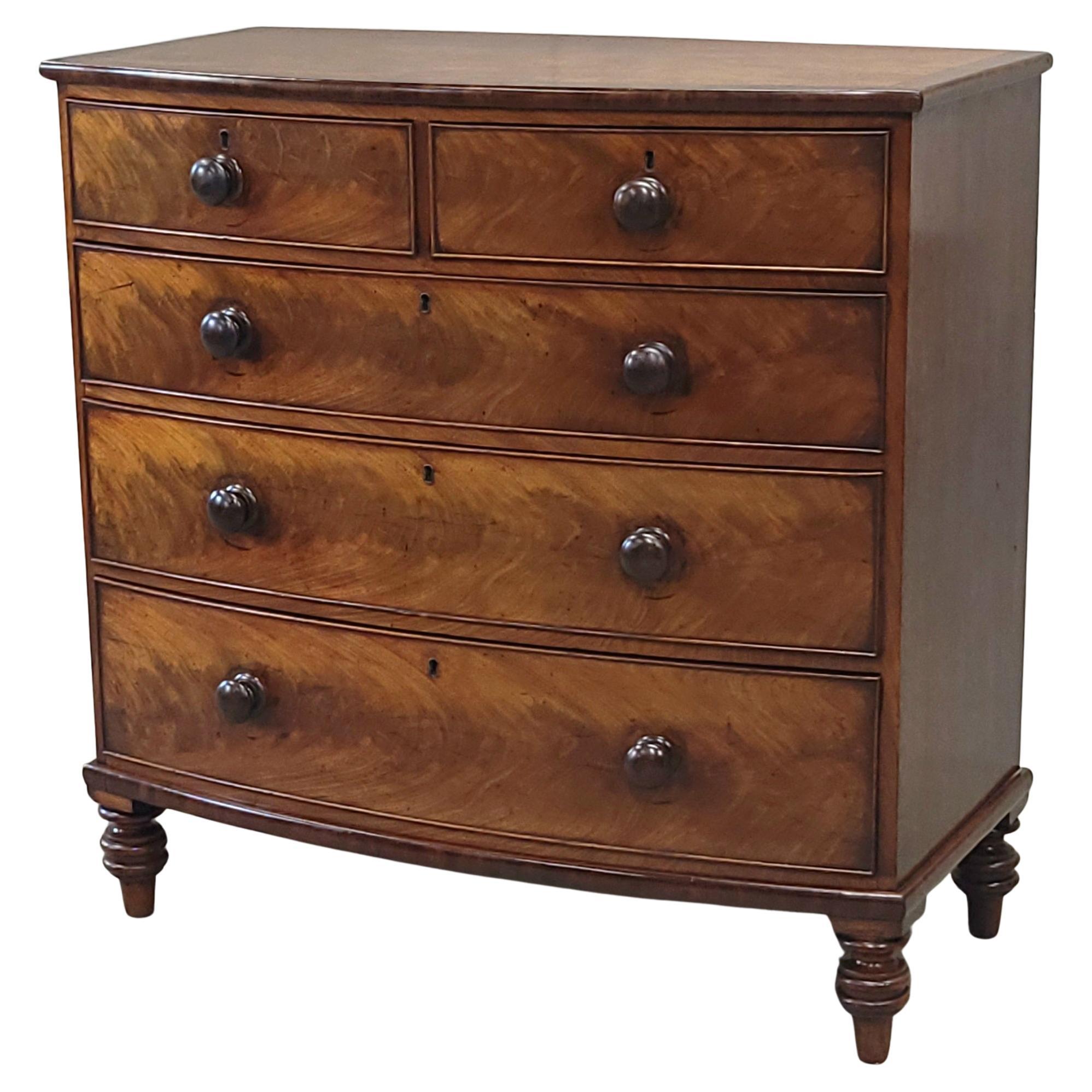 Antique English Edwardian Figured Mahogany Dresser With Original Knobs For Sale