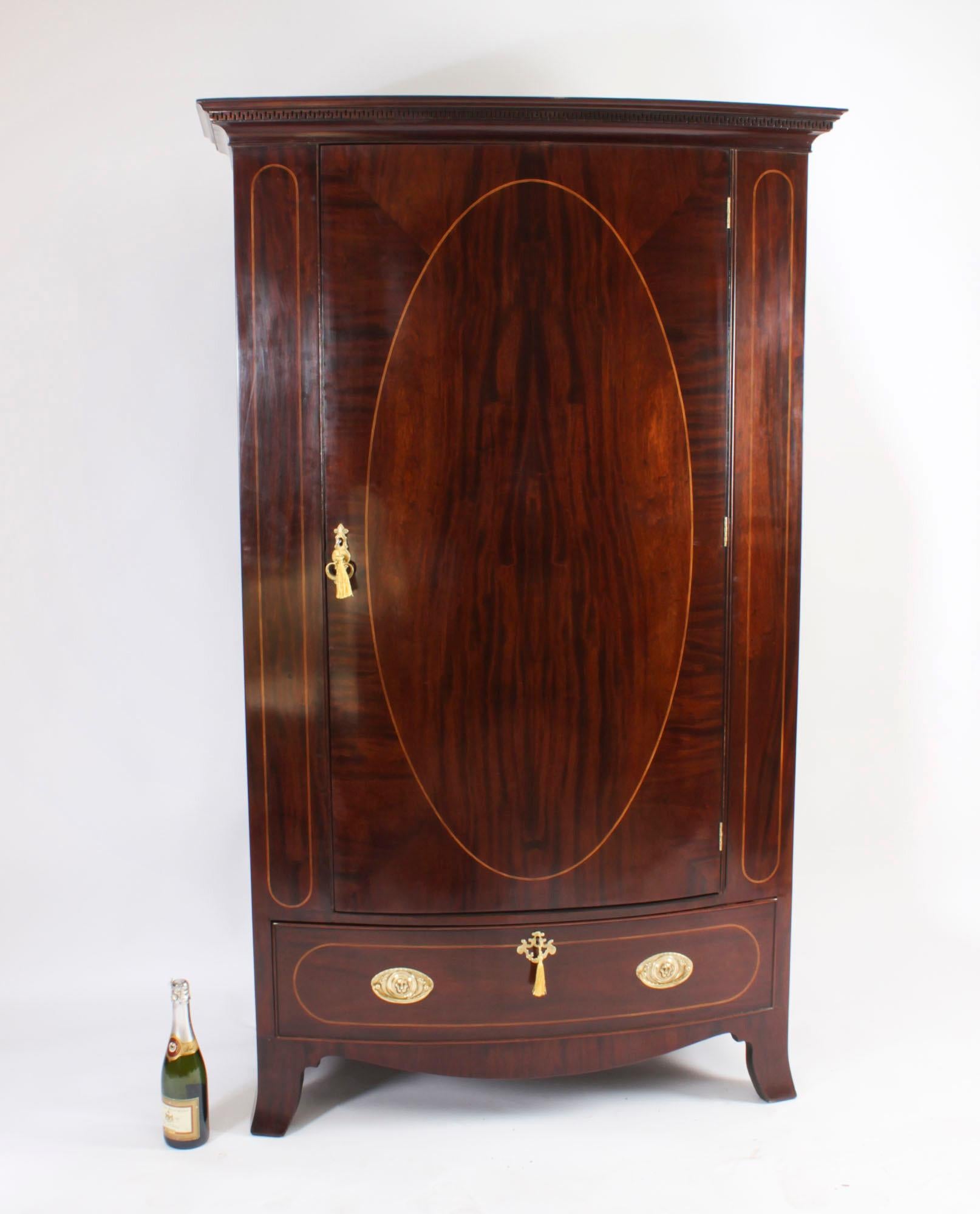 Antique English Edwardian Flame Mahogany Bowfront Wardrobe C1900 15