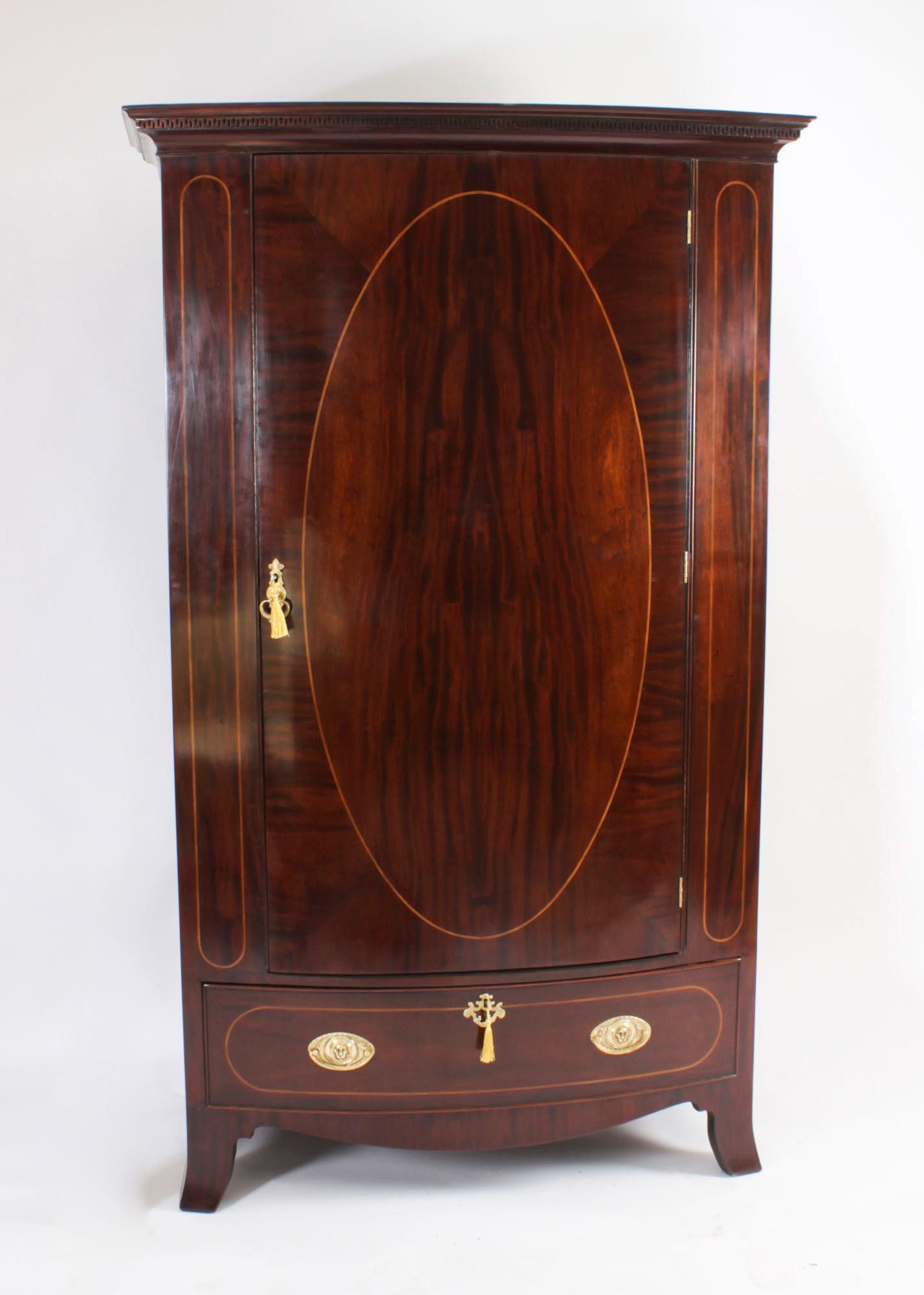 Antique English Edwardian Flame Mahogany Bowfront Wardrobe C1900 16