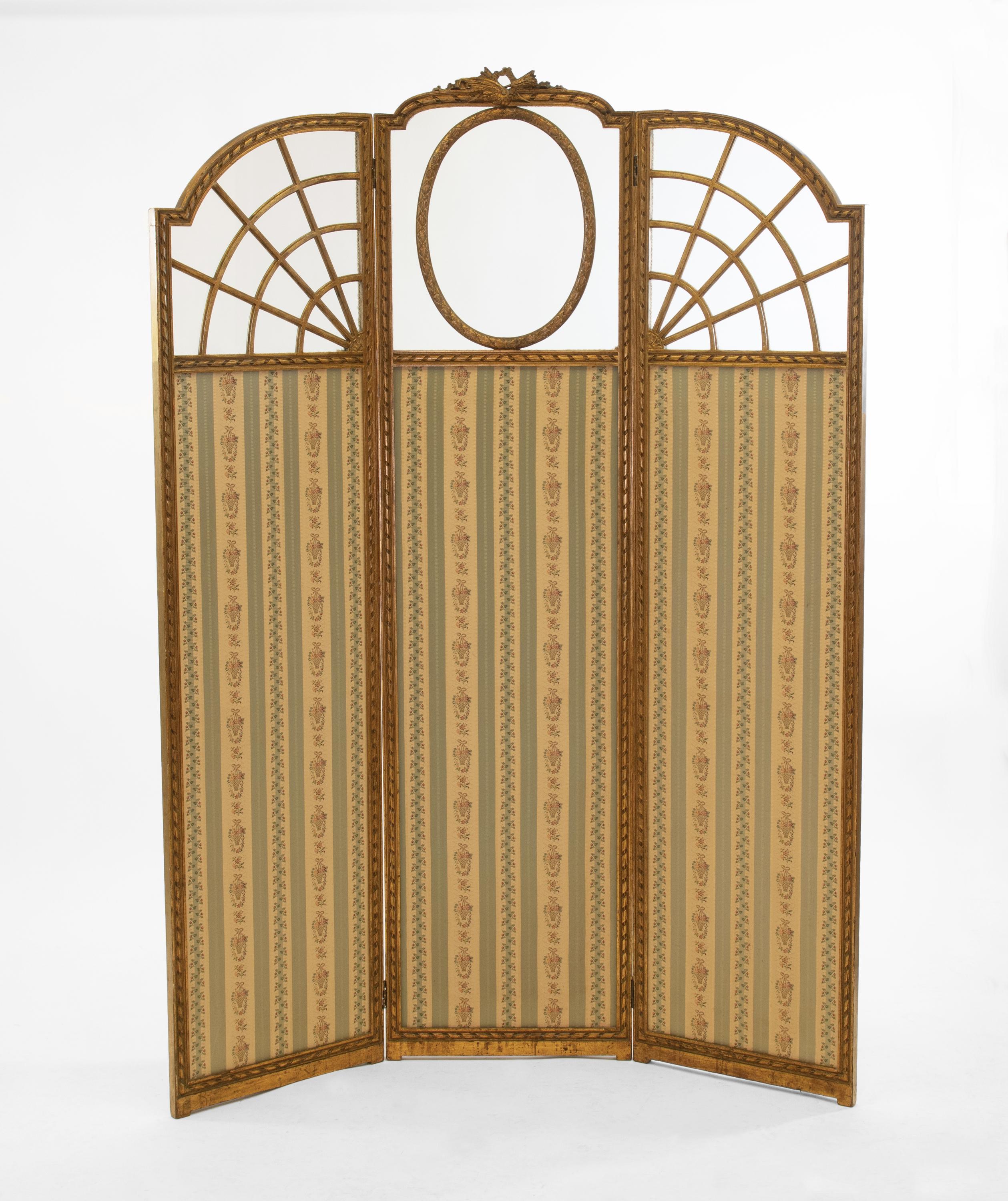 Fabric Antique English Edwardian Gilt Wood Folding Screen Room Divider For Sale