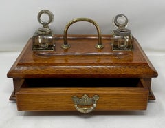 Antique English Edwardian Golden Oak, Brass and Glass Inkstand, Circa 1900's