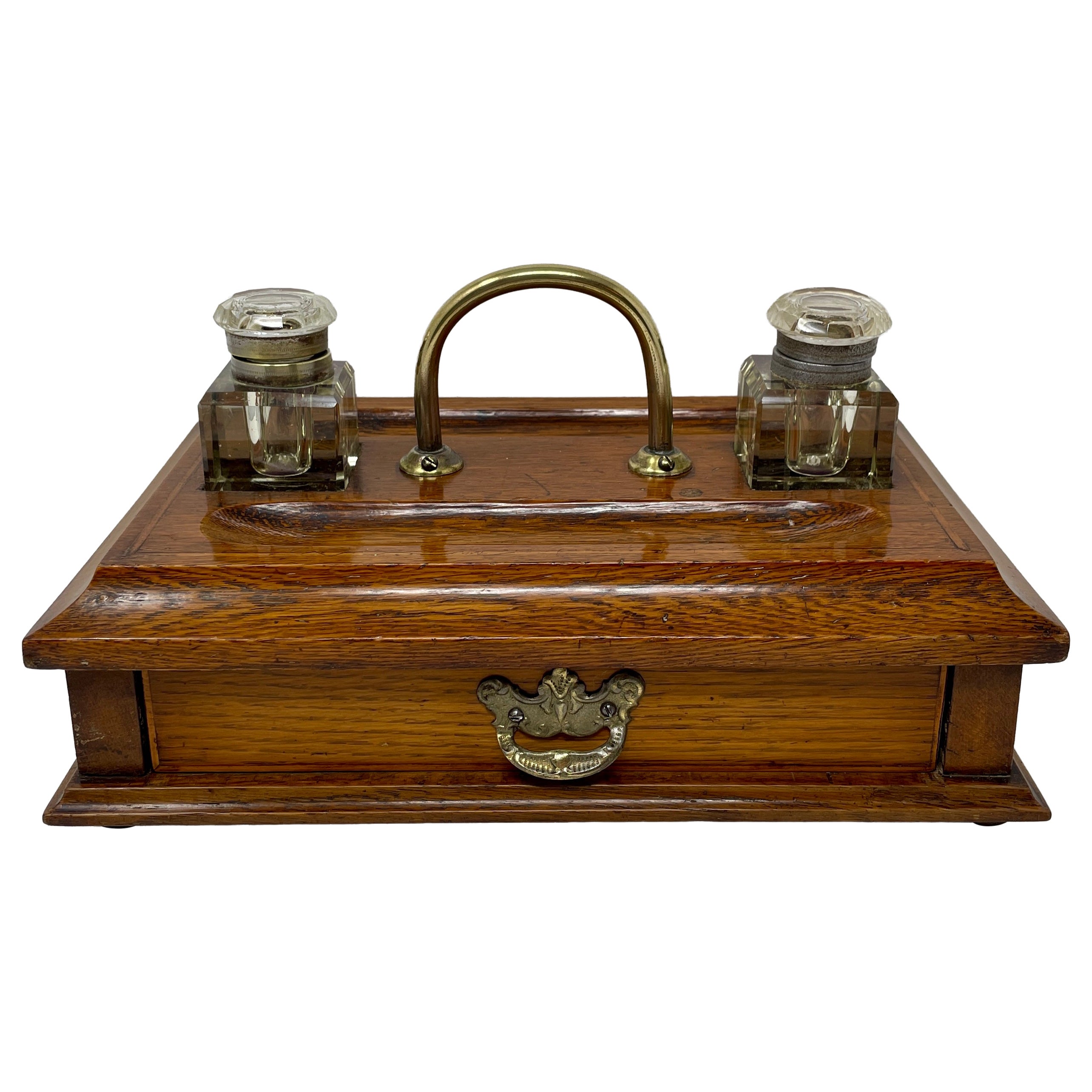 Antique English Edwardian Golden Oak, Brass and Glass Inkstand, Circa 1900's