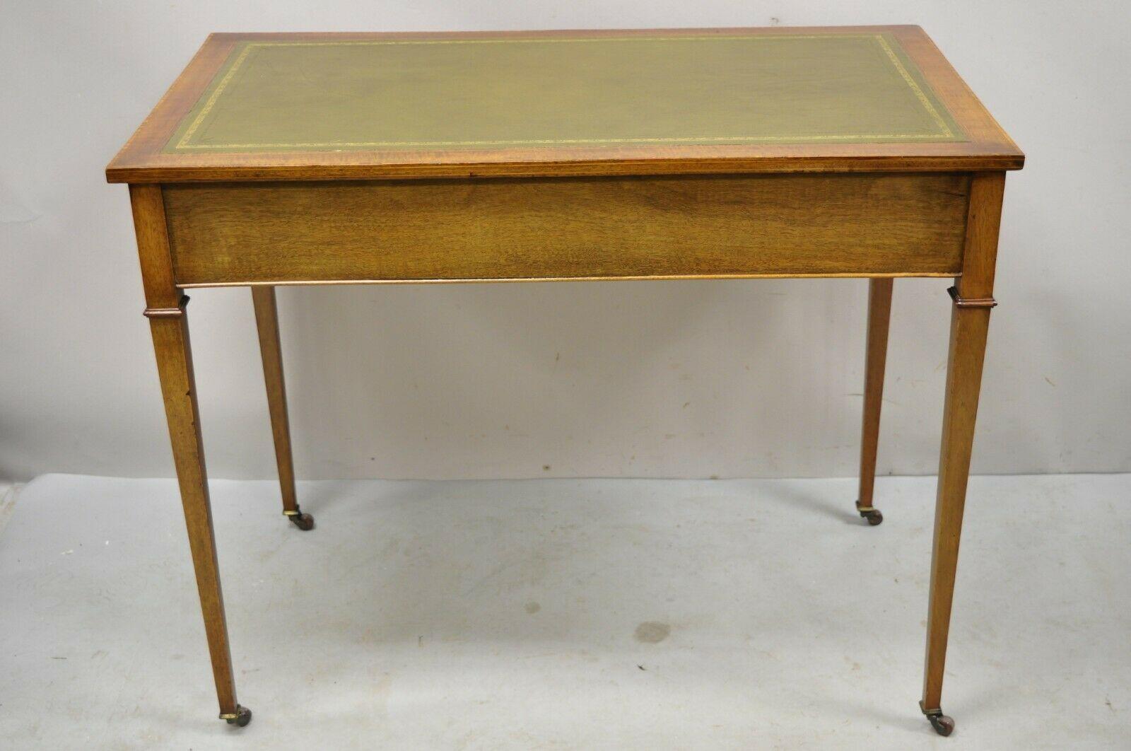 Antique English Edwardian Green Tooled Leather Top 2 Drawer Ladies Writing Desk 7