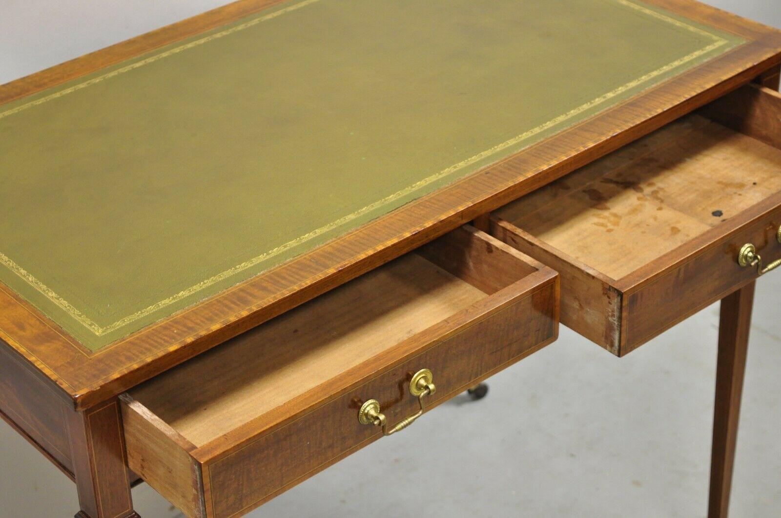 Antique English Edwardian Green Tooled Leather Top 2 Drawer Ladies Writing Desk 1