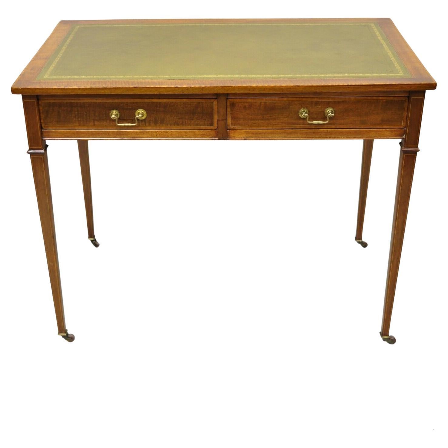 Antique English Edwardian Green Tooled Leather Top 2 Drawer Ladies Writing Desk