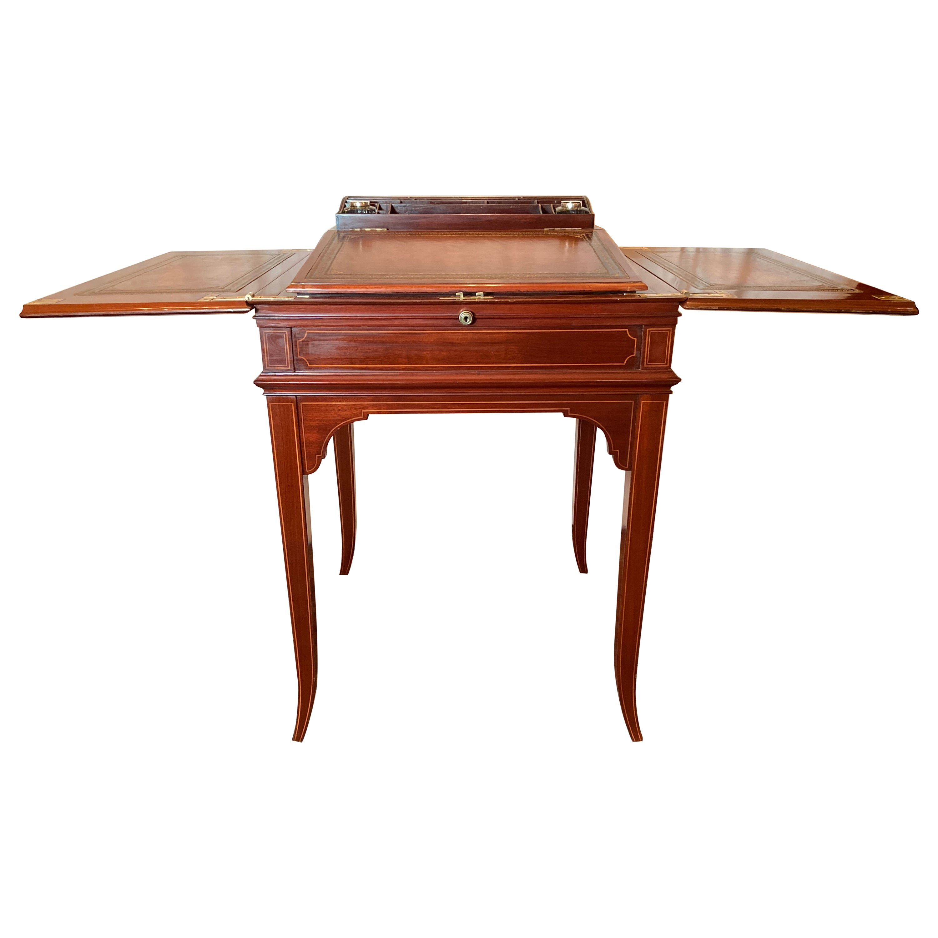 Antica scrivania inglese edoardiana in mogano intarsiato, circa 1890-1910