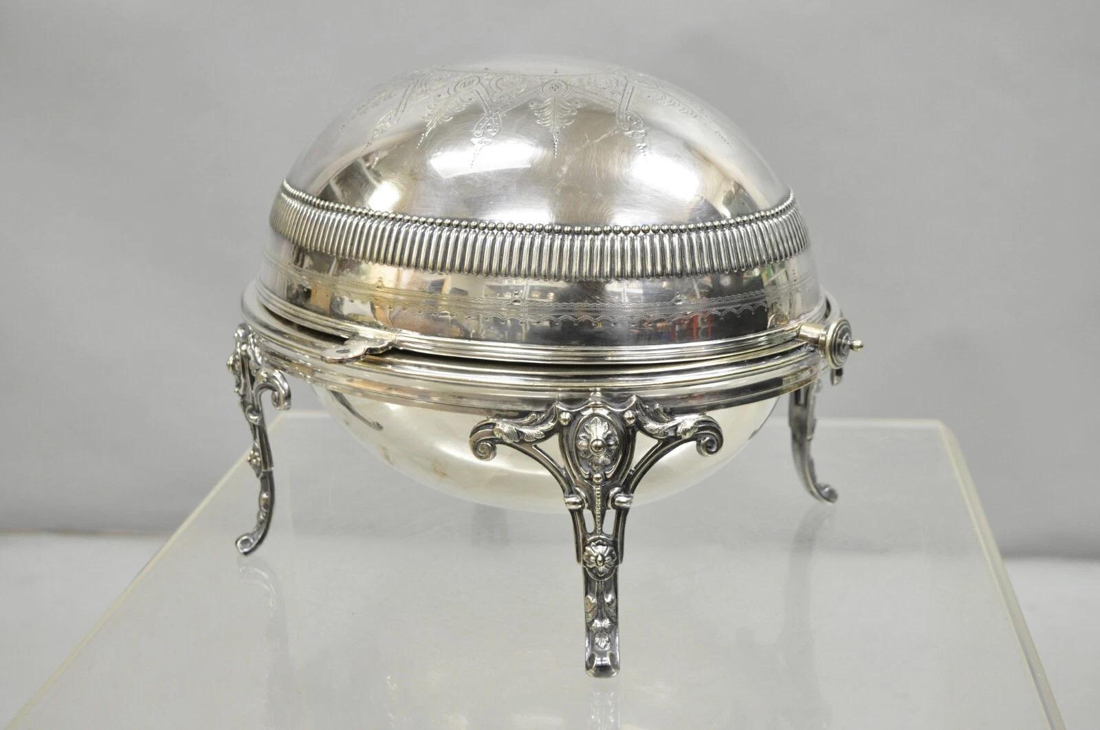 Antique English Edwardian Large Silver Plated Roll Top Warmer Chafing Dish For Sale 7