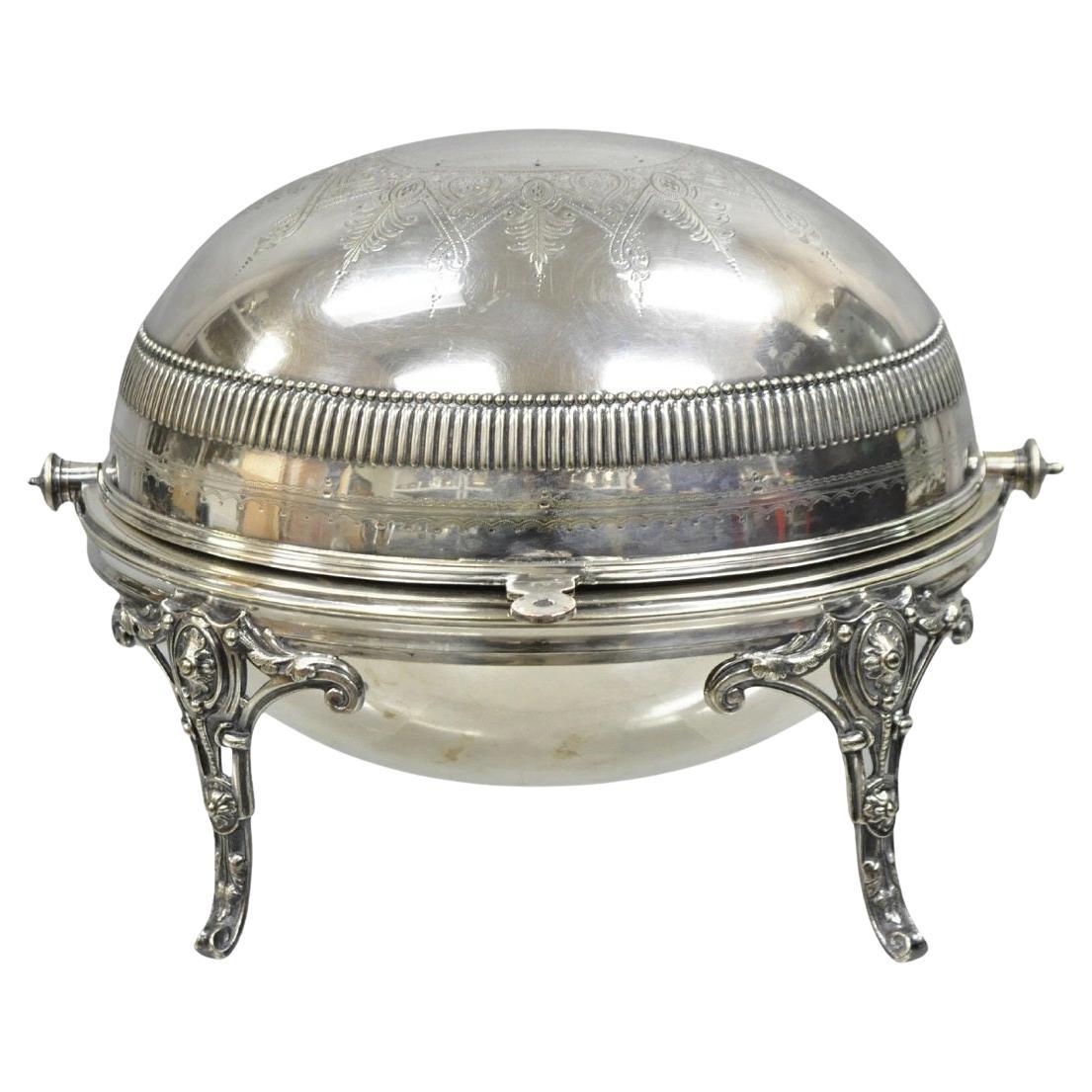 Antique English Edwardian Large Silver Plated Roll Top Warmer Chafing Dish For Sale