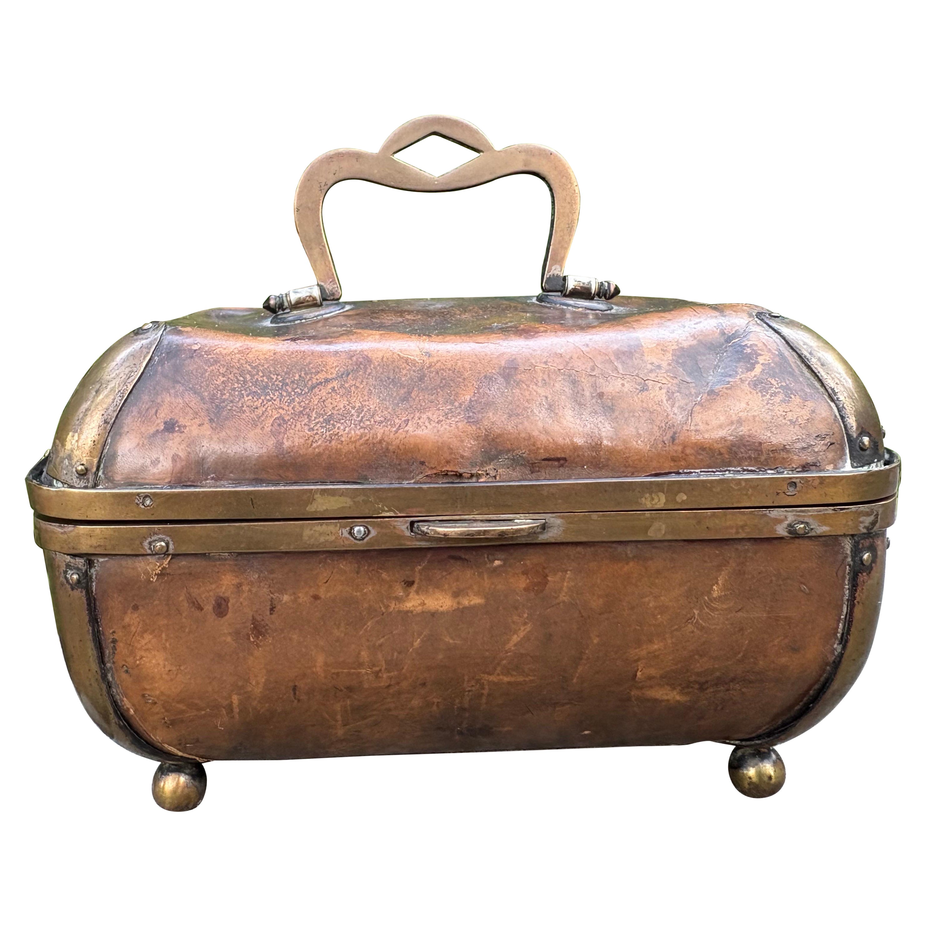 Antique English Edwardian Leather And Brass Box