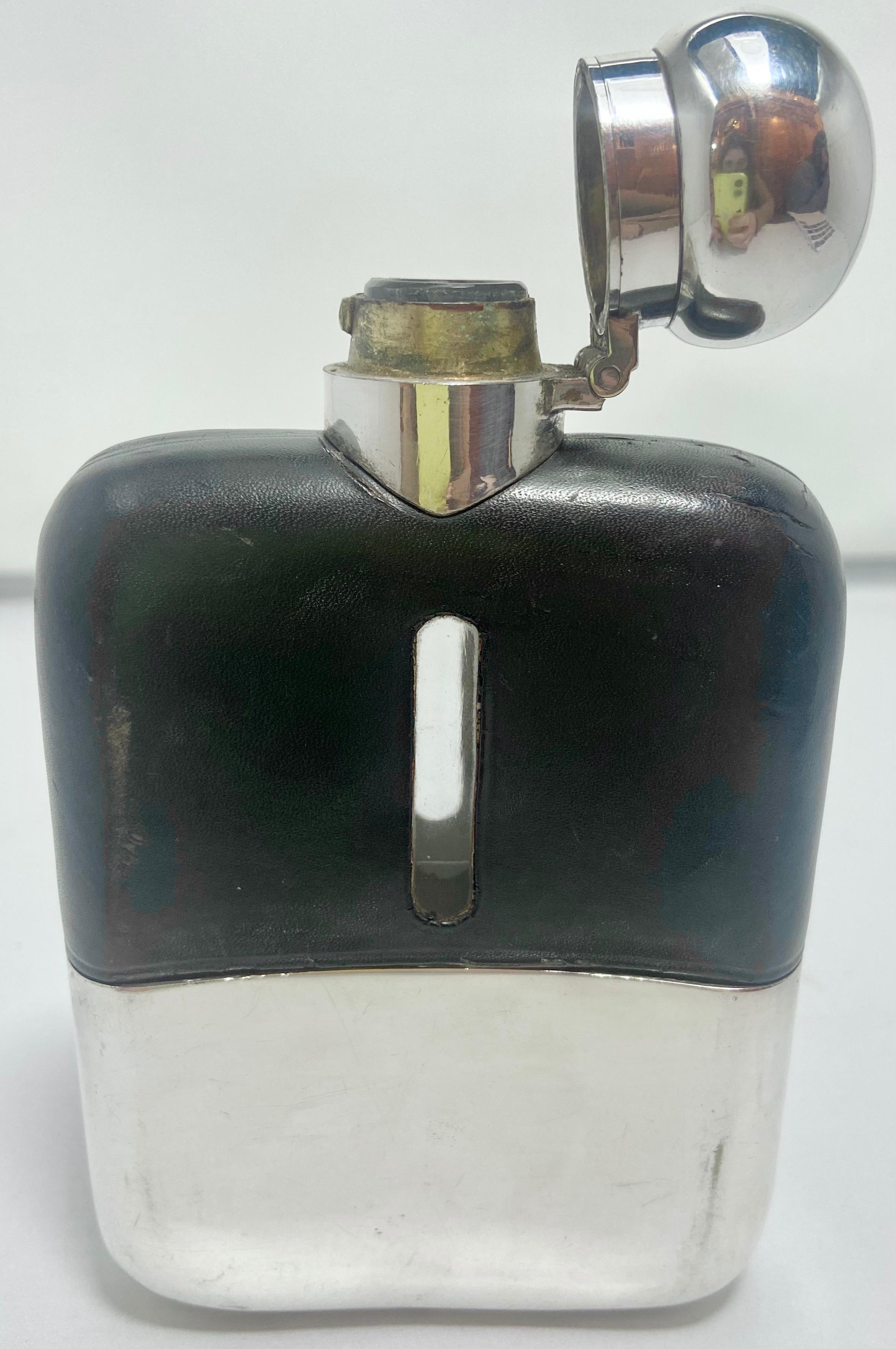Antique English Edwardian leather and silver plate flask, Circa 1900-1910.