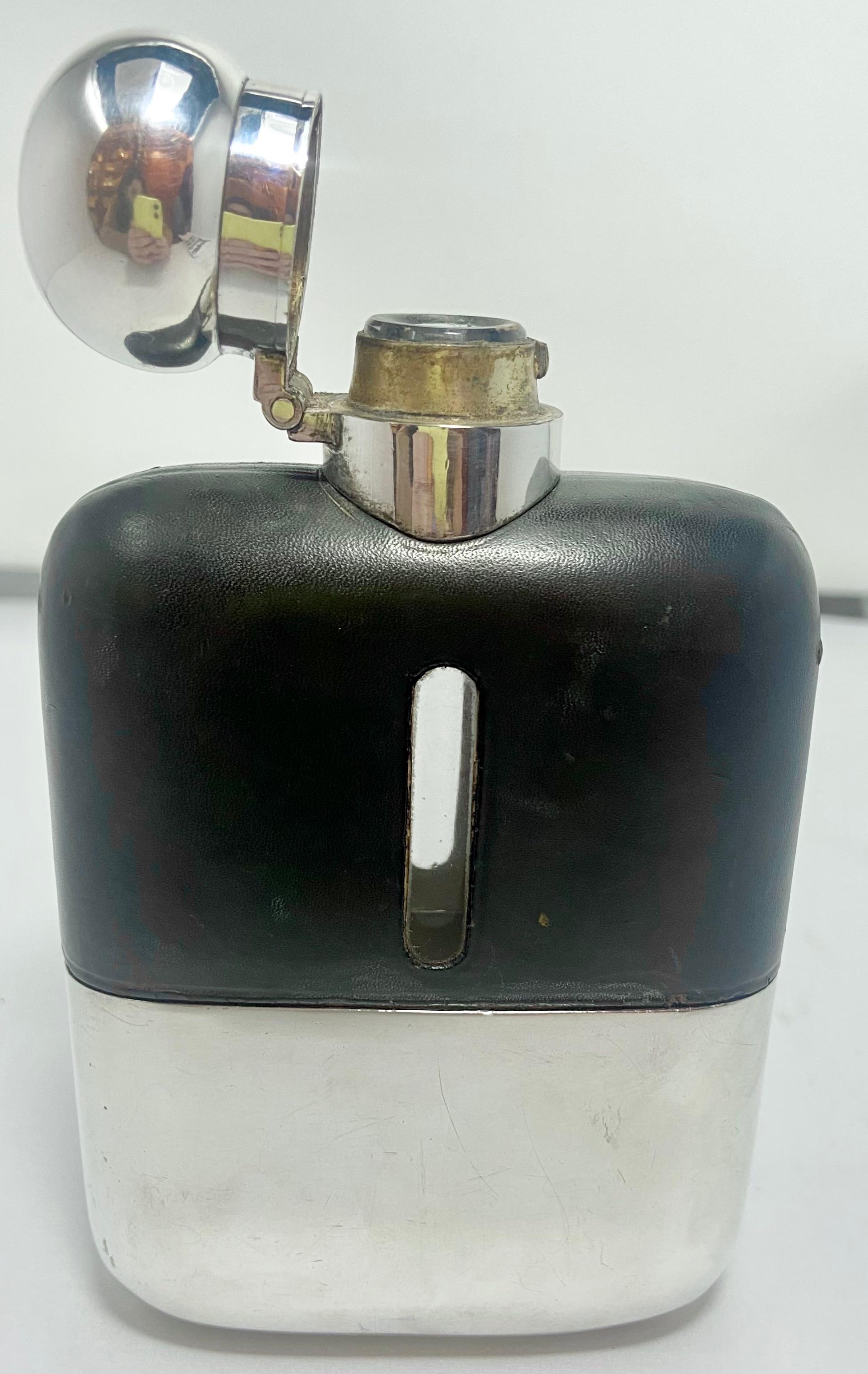 Antique English Edwardian Leather and Silver Plate Flask, Circa 1900-1910 In Good Condition In New Orleans, LA