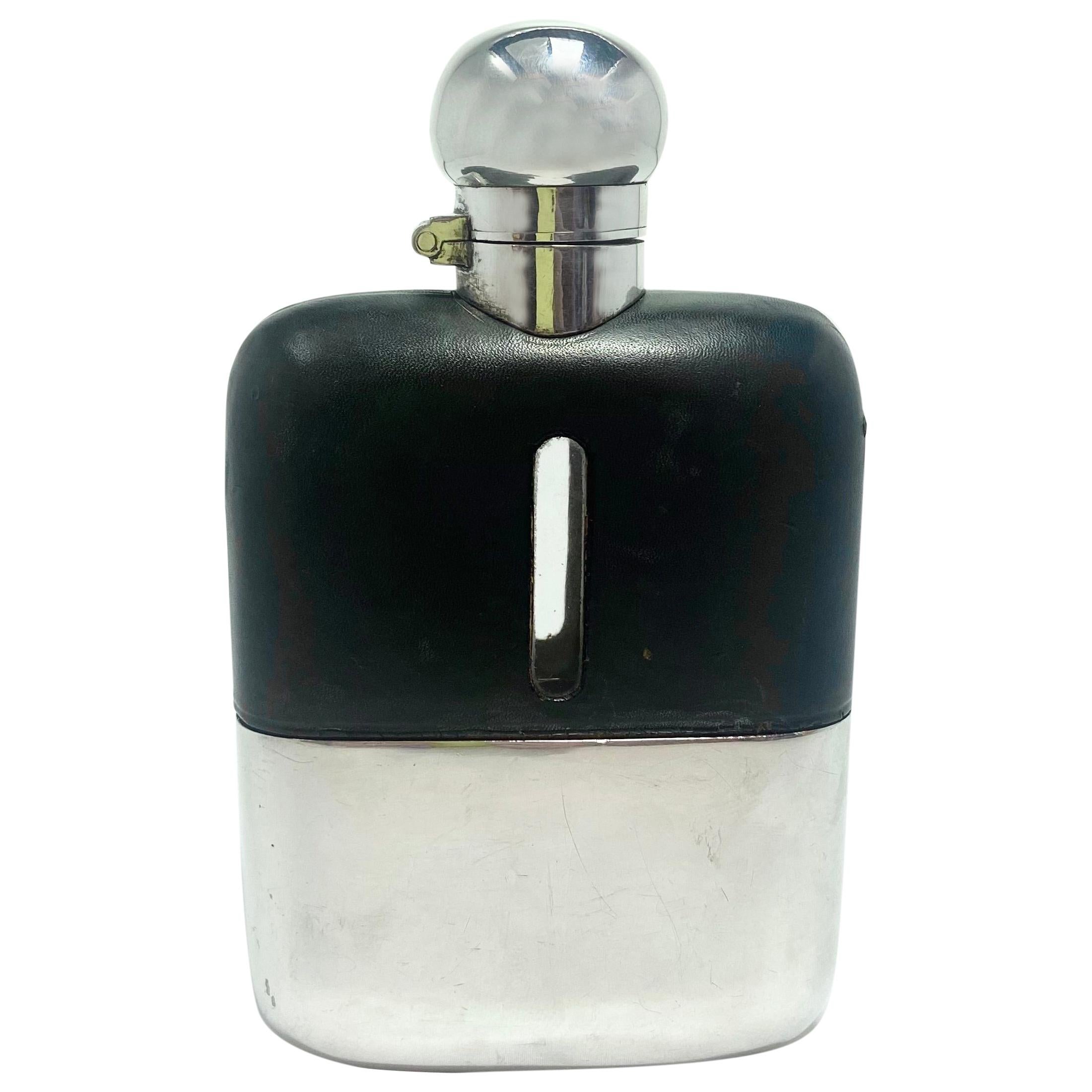 Antique English Edwardian Leather and Silver Plate Flask, Circa 1900-1910