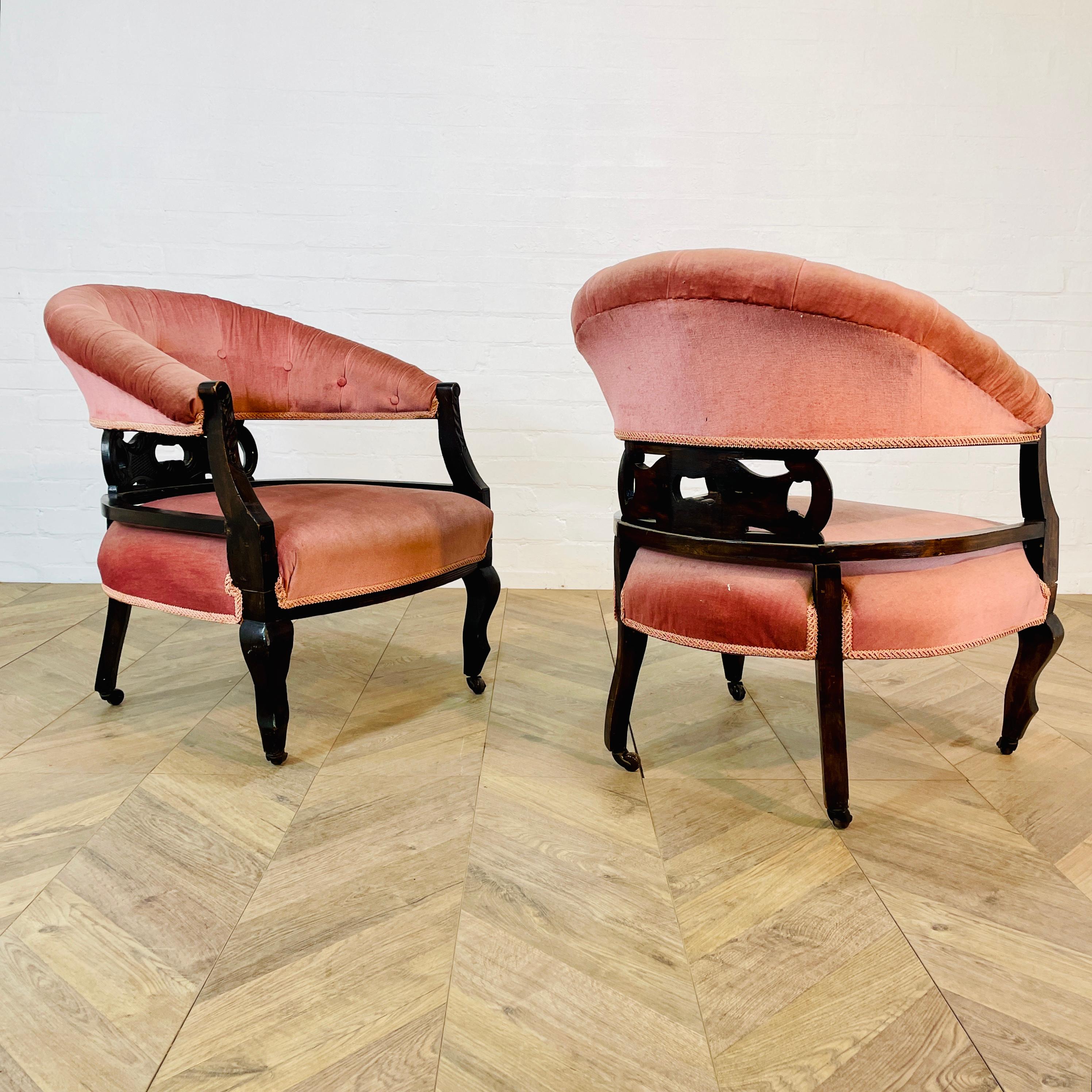 Antique English Edwardian Low Open Armchairs, Set of 2, circa 1900s In Good Condition For Sale In Ely, GB