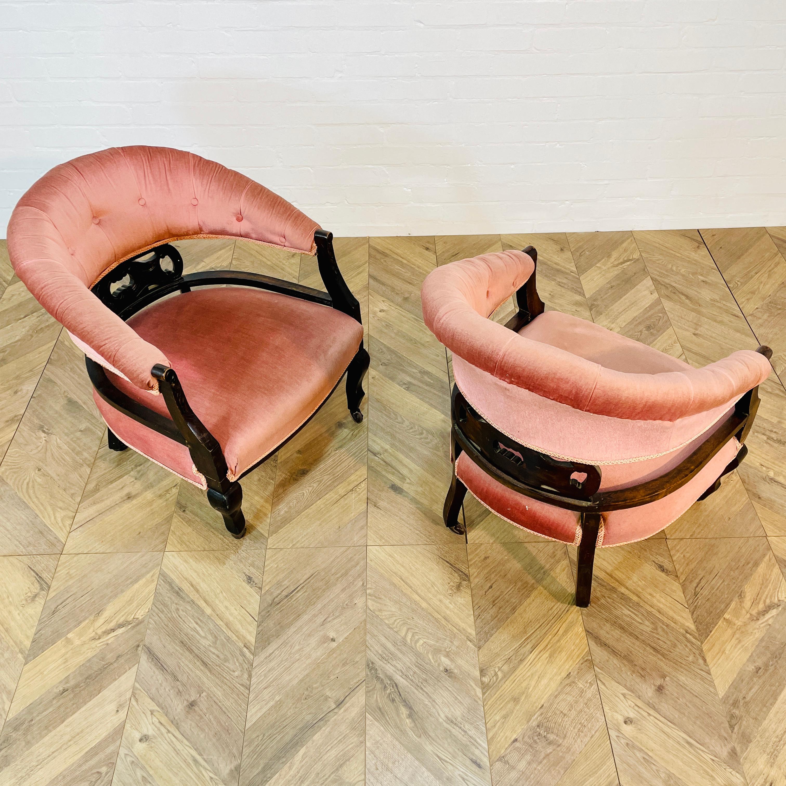 Early 20th Century Antique English Edwardian Low Open Armchairs, Set of 2, circa 1900s For Sale