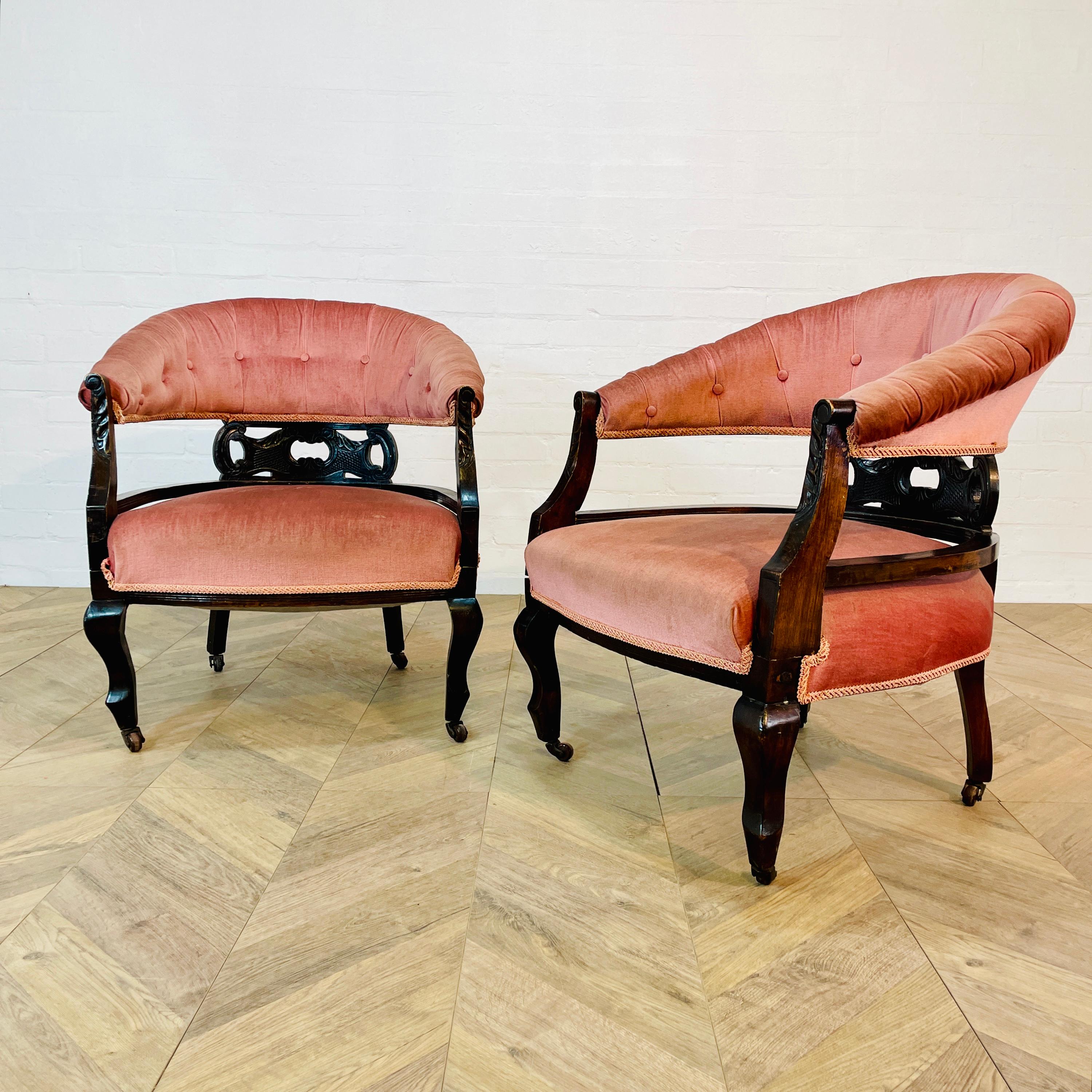 Antique English Edwardian Low Open Armchairs, Set of 2, circa 1900s For Sale 1