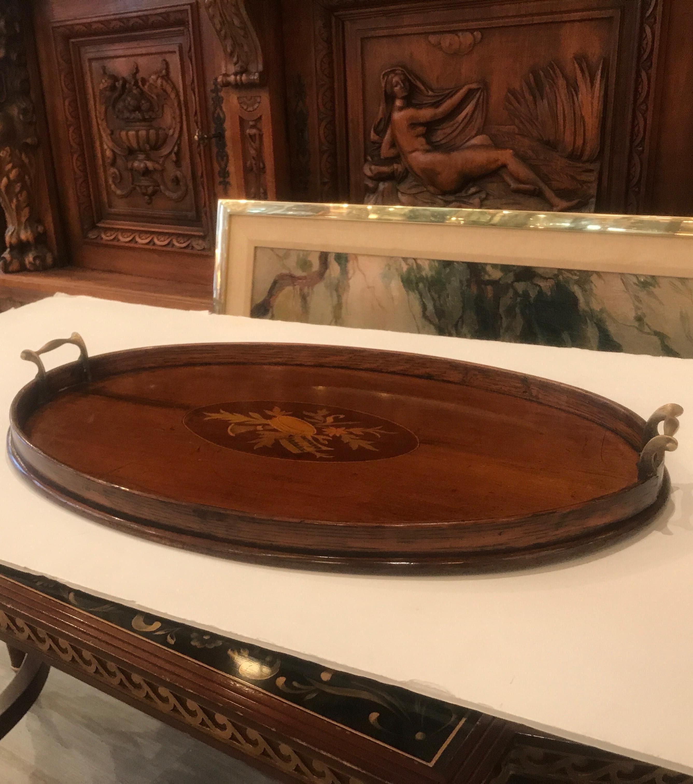 Antique English Edwardian Mahogany and Inlay Serving or Tea Tray In Good Condition In Lambertville, NJ