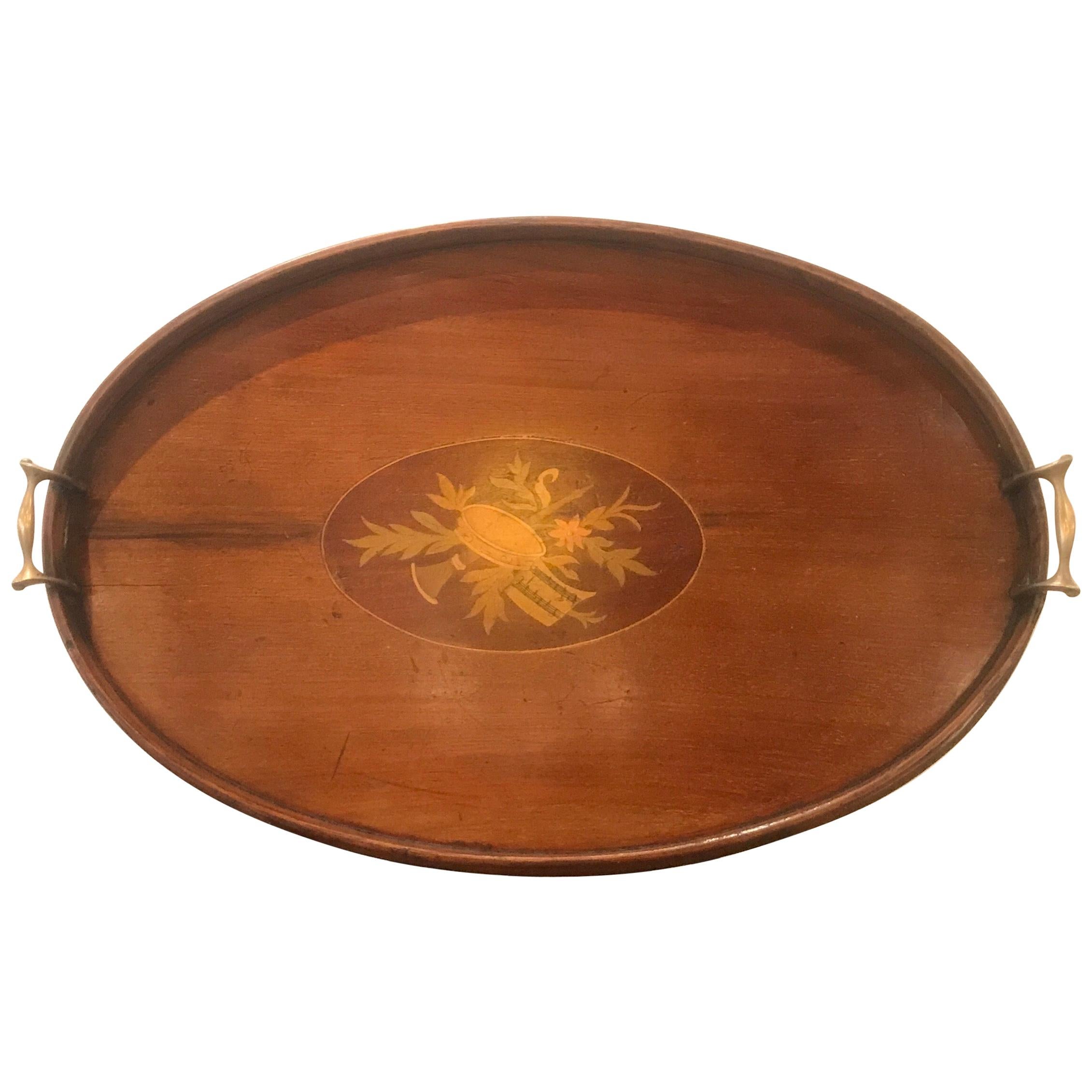 Antique English Edwardian Mahogany and Inlay Serving or Tea Tray For Sale