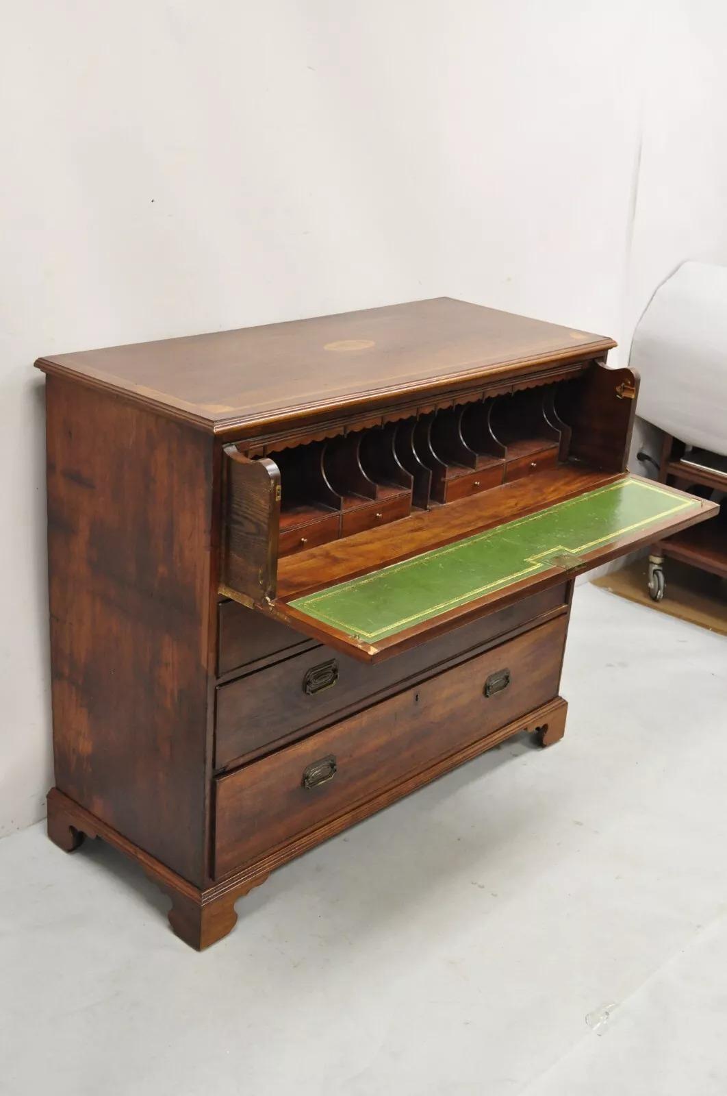 Antike englische edwardianische Mahagoni Kommode Sekretär Schreibtisch Bureau. Element verfügt über einen Sturz vor der oberen Schublade mit grünem Leder Schreibfläche und ausgestattet innen, Hand Schwalbenschwanz Schubladen, schöne Intarsie an der