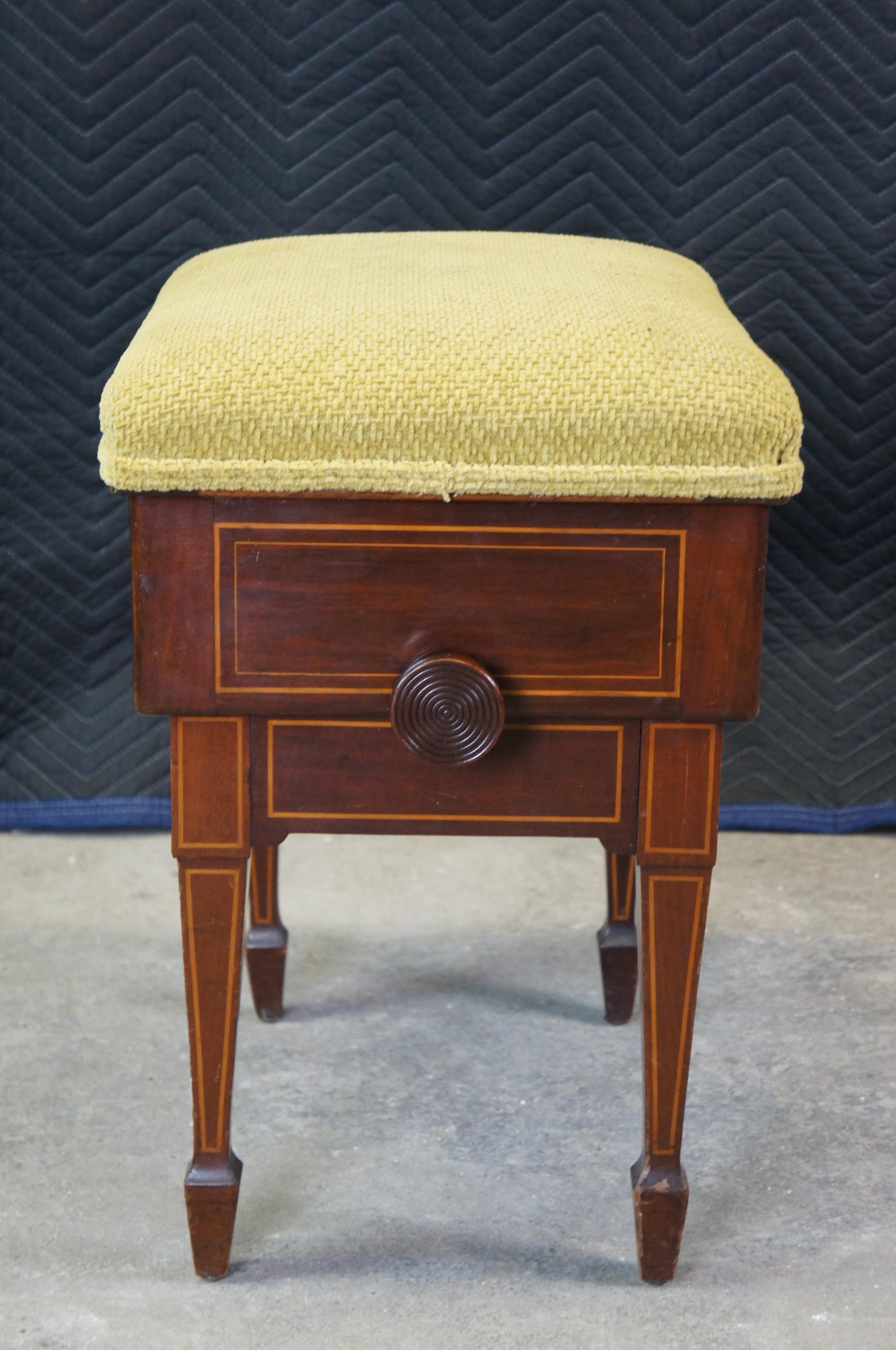 Antique English Edwardian Mahogany Inlaid Adjustable Piano Stool Storage Bench 3