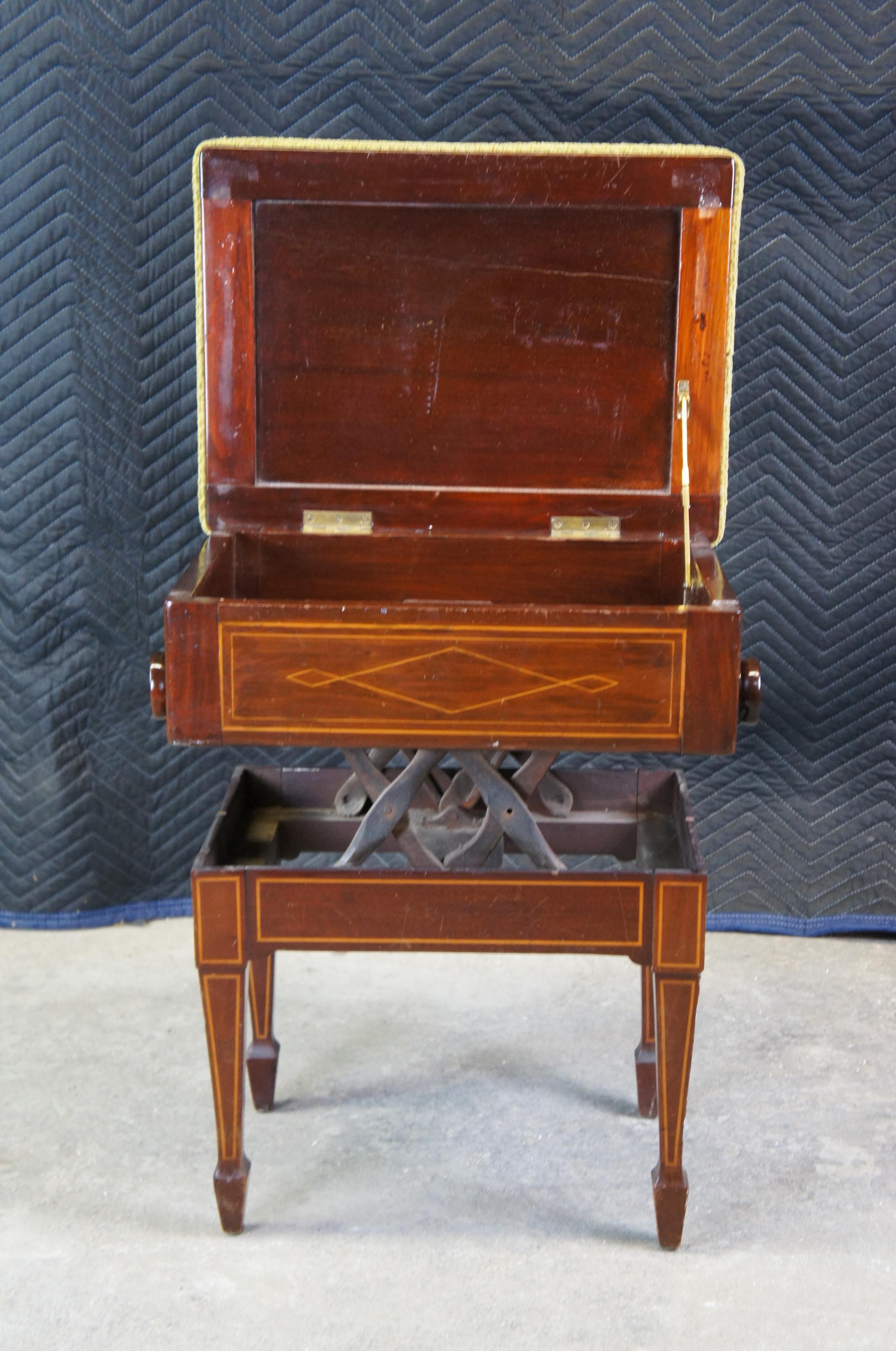 Antique English Edwardian Mahogany Inlaid Adjustable Piano Stool Storage Bench In Good Condition In Dayton, OH