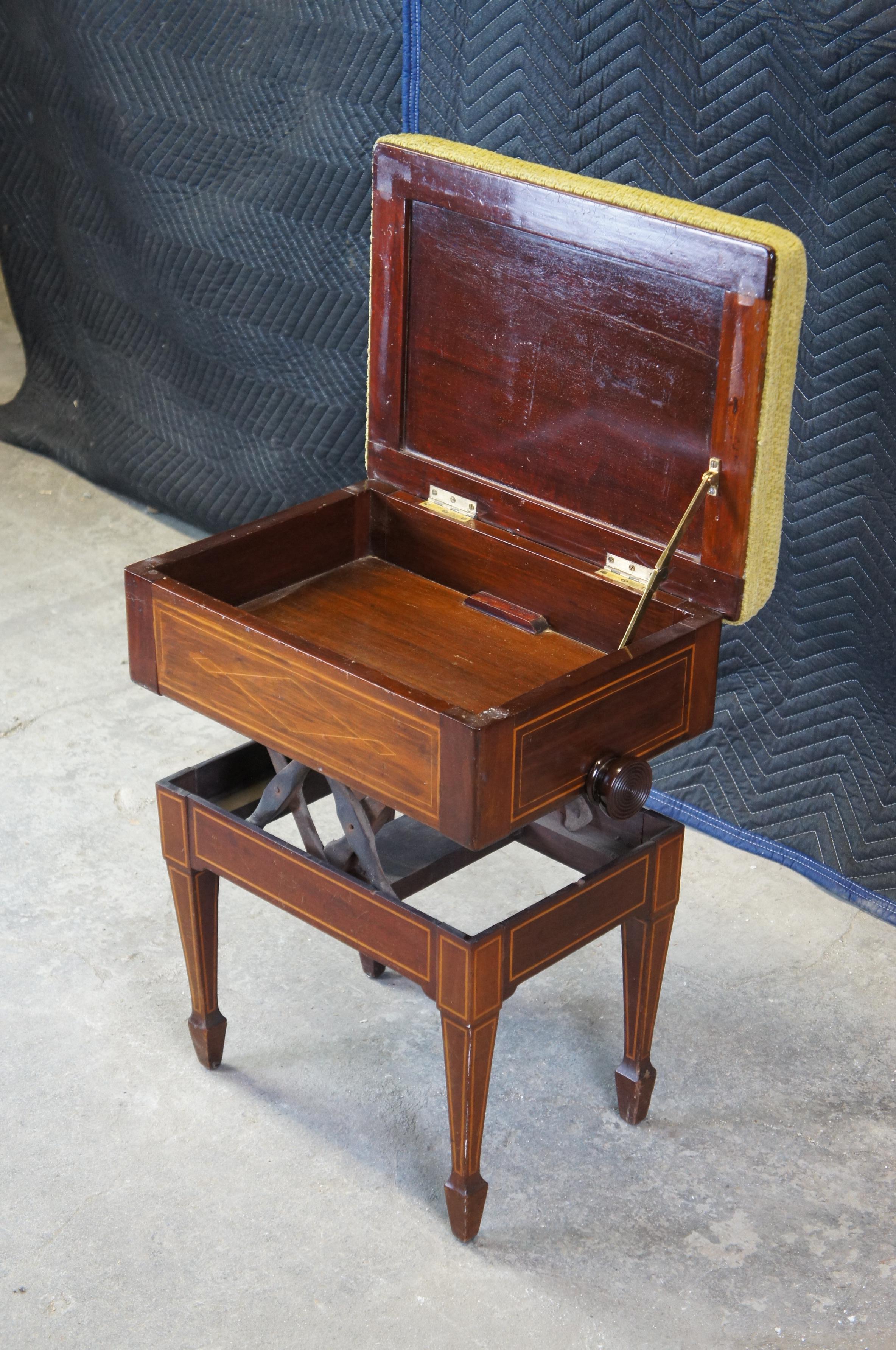 20th Century Antique English Edwardian Mahogany Inlaid Adjustable Piano Stool Storage Bench
