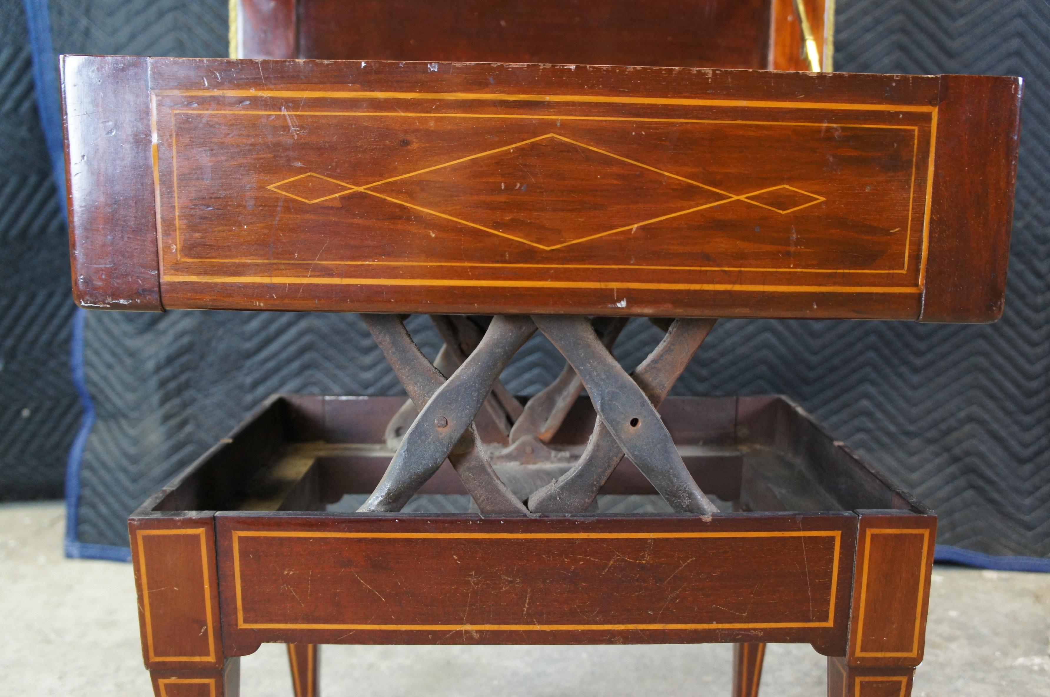 Metal Antique English Edwardian Mahogany Inlaid Adjustable Piano Stool Storage Bench