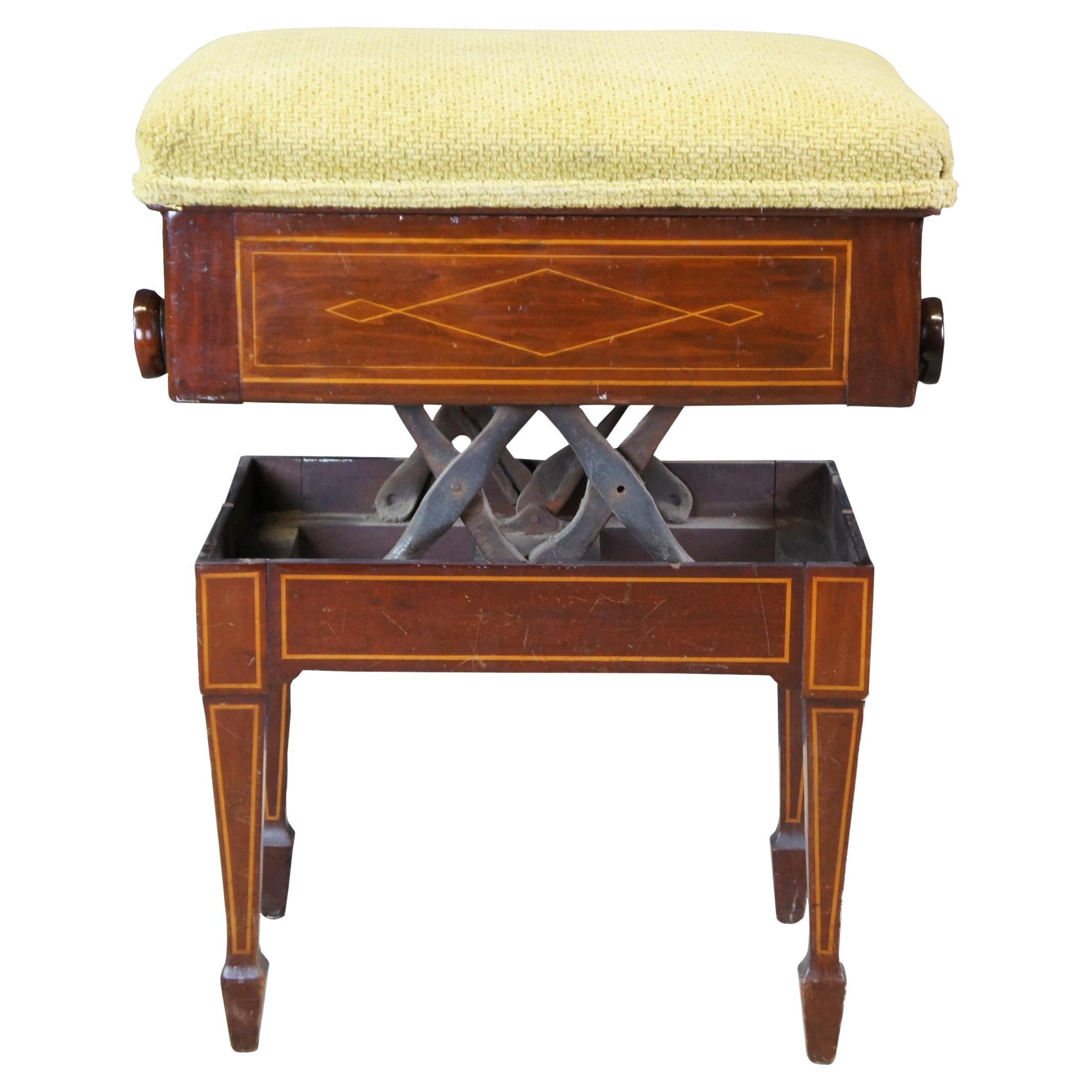 Antique English Edwardian Mahogany Inlaid Adjustable Piano Stool Storage Bench