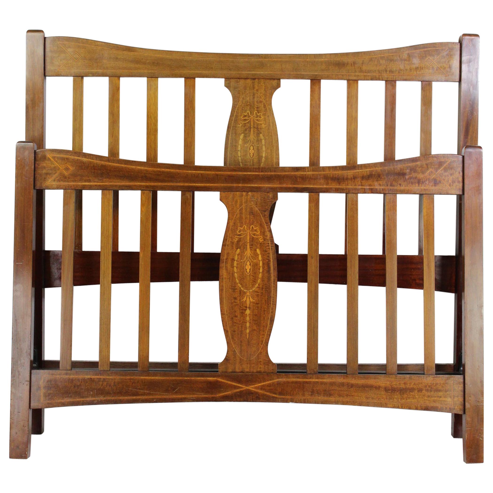 Antique English Edwardian Mahogany Inlaid Double Bed Bedstead Uk Double /Us Full