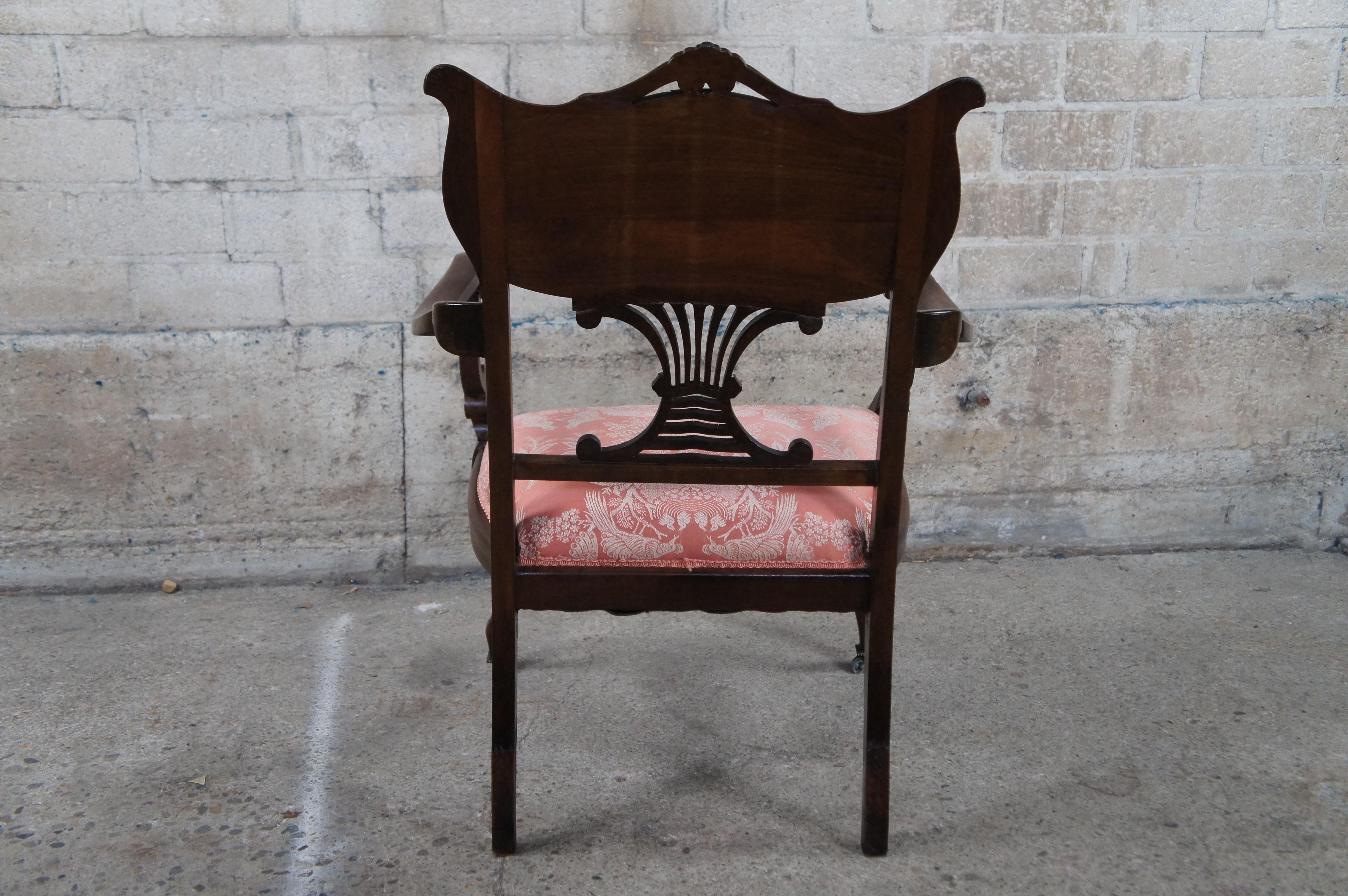 Antique English Edwardian Mahogany Inlaid Marquetry Mother Pearl Parlor Armchair For Sale 5