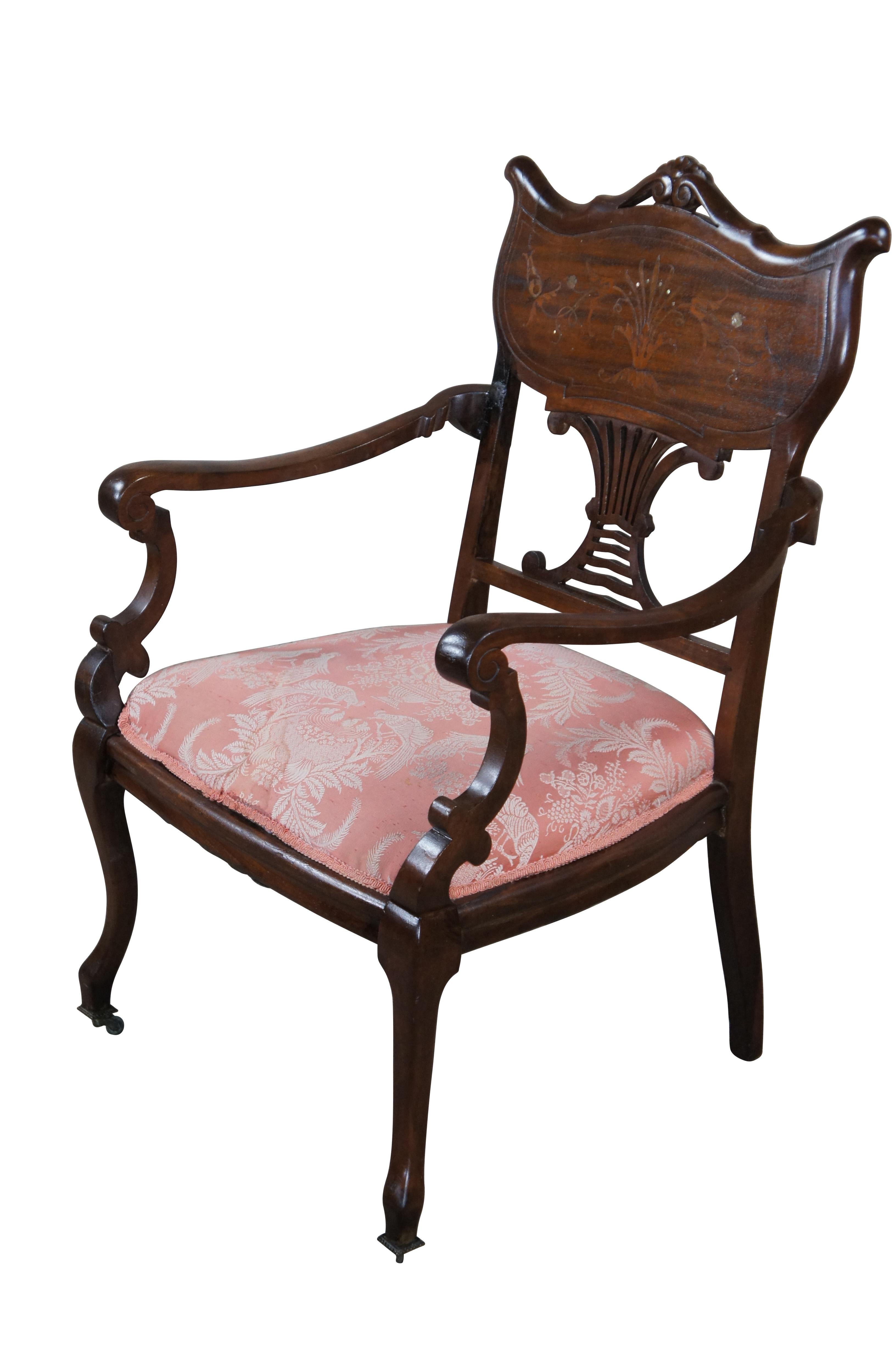 Antique English Edwardian Mahogany Inlaid Marquetry Mother Pearl Parlor Armchair In Fair Condition For Sale In Dayton, OH