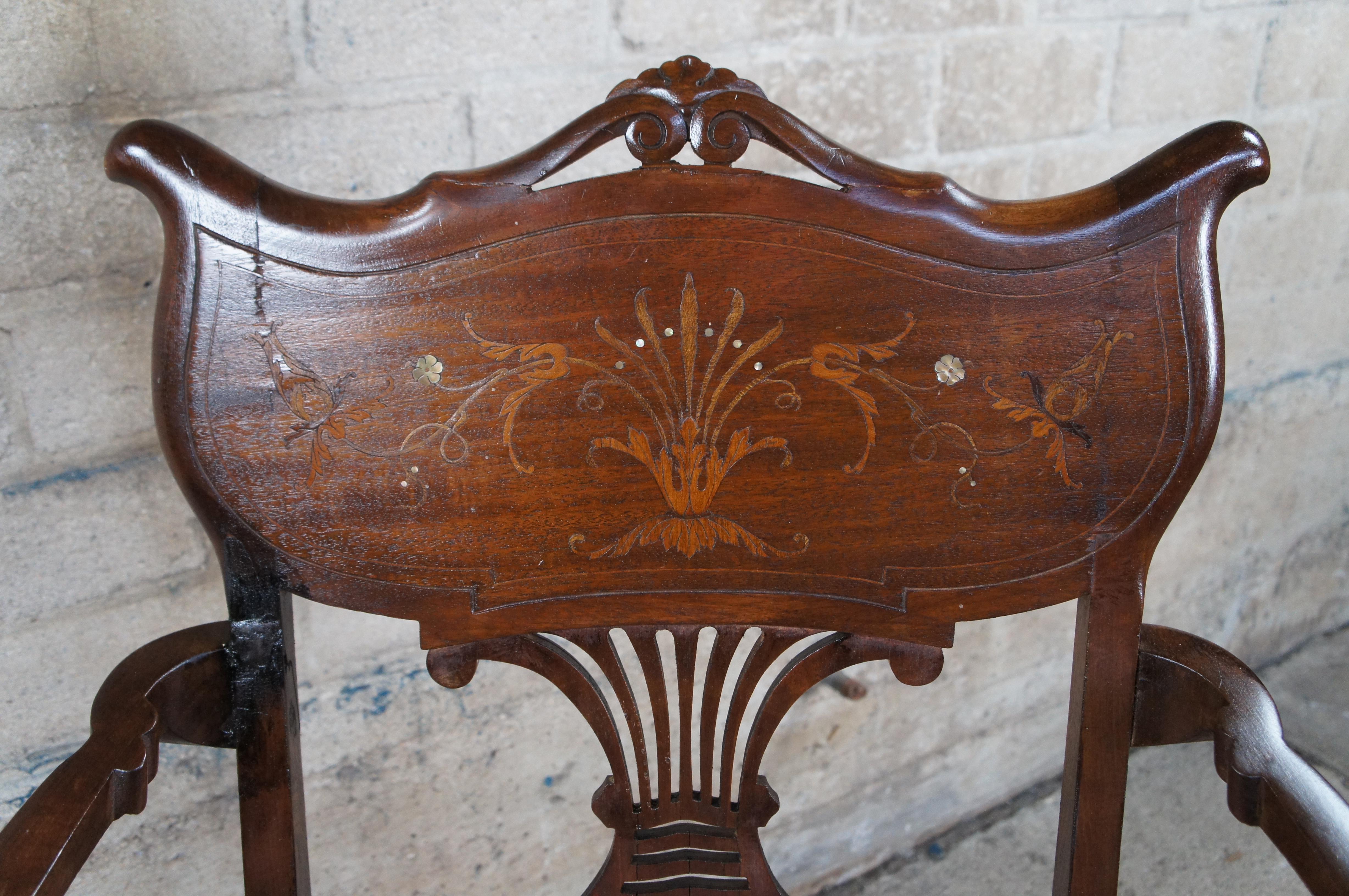 20th Century Antique English Edwardian Mahogany Inlaid Marquetry Mother Pearl Parlor Armchair For Sale