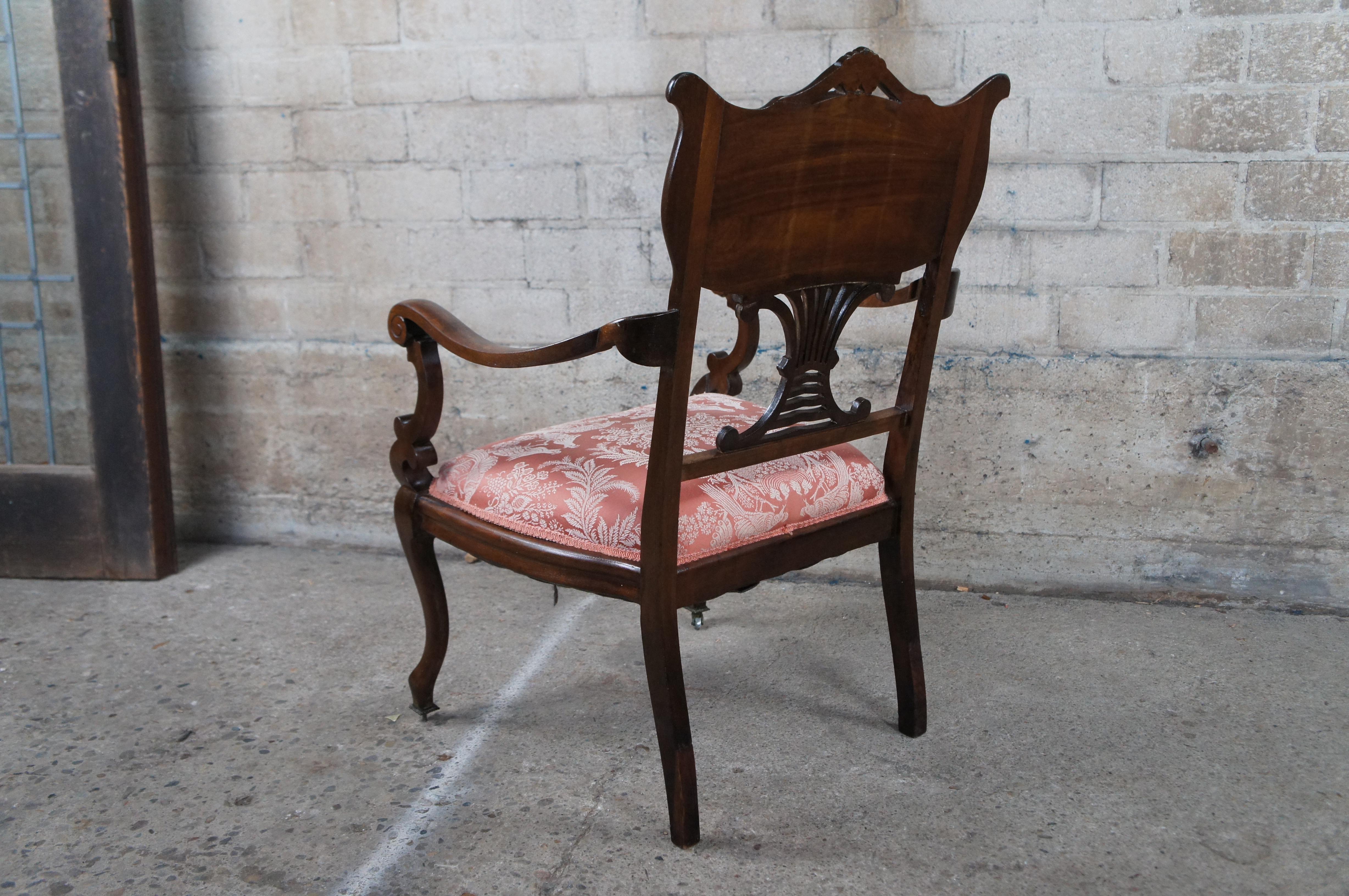 Antique English Edwardian Mahogany Inlaid Marquetry Mother Pearl Parlor Armchair For Sale 4