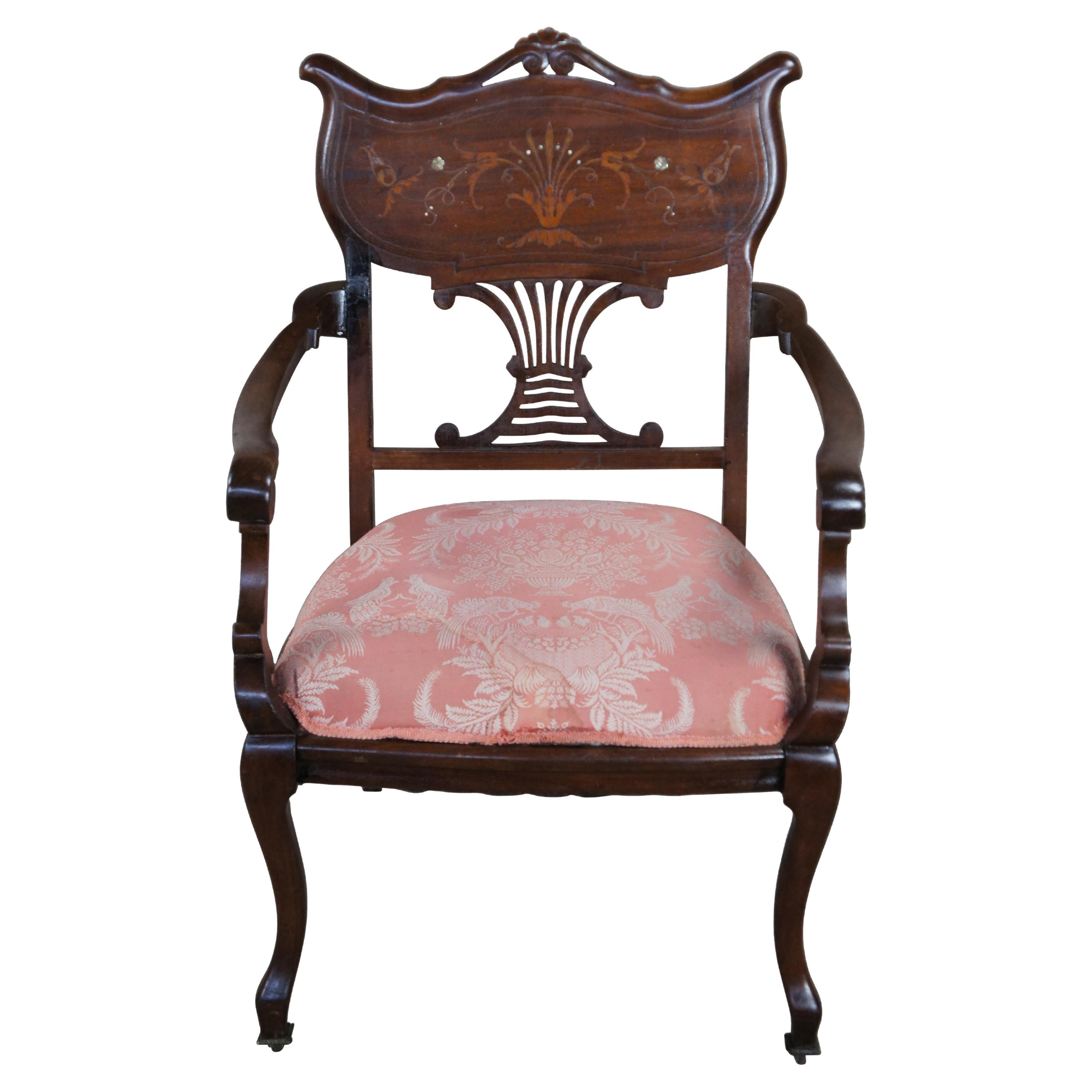 Antique English Edwardian Mahogany Inlaid Marquetry Mother Pearl Parlor Armchair