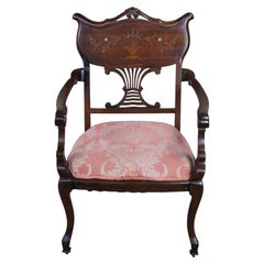 Antique English Edwardian Mahogany Inlaid Marquetry Mother Pearl Parlor Armchair