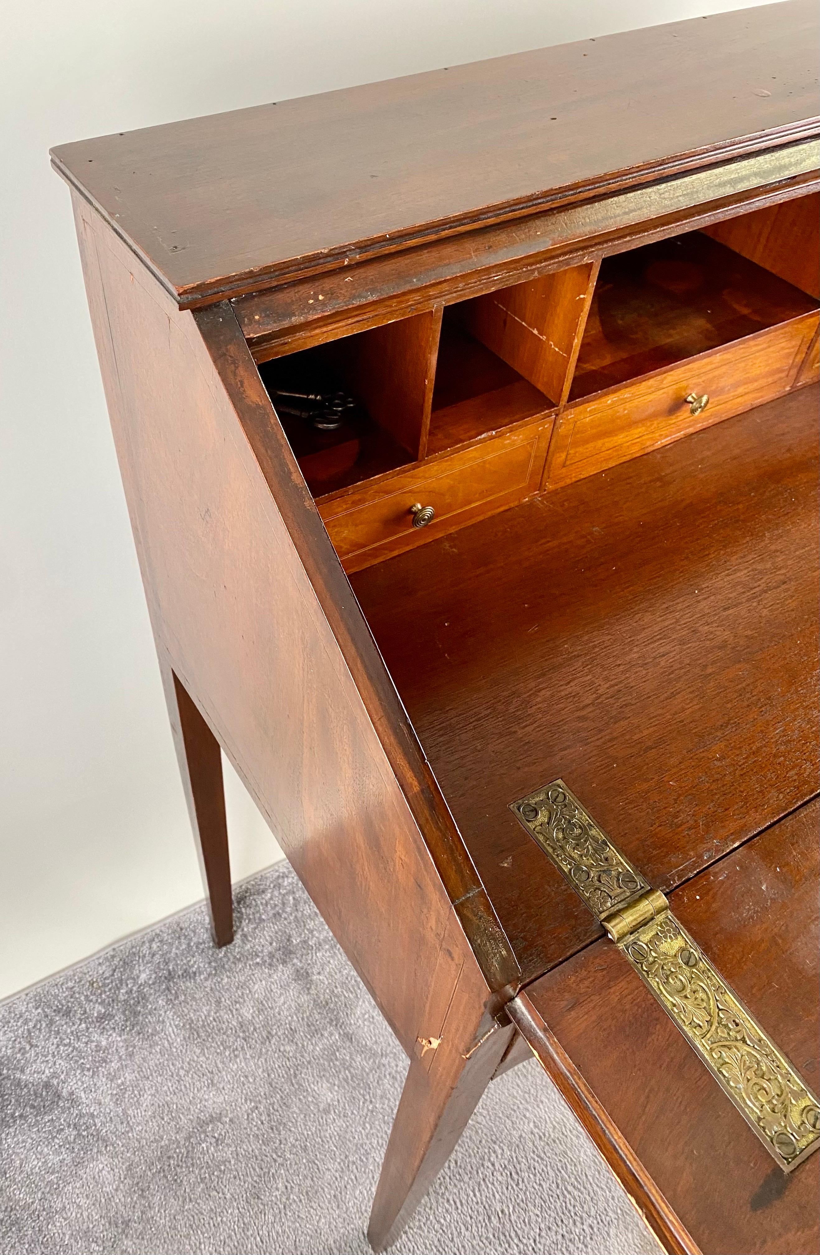 Antique English Edwardian Mahogany Inlaid Secretary Slant Front Desk & Chair  For Sale 6