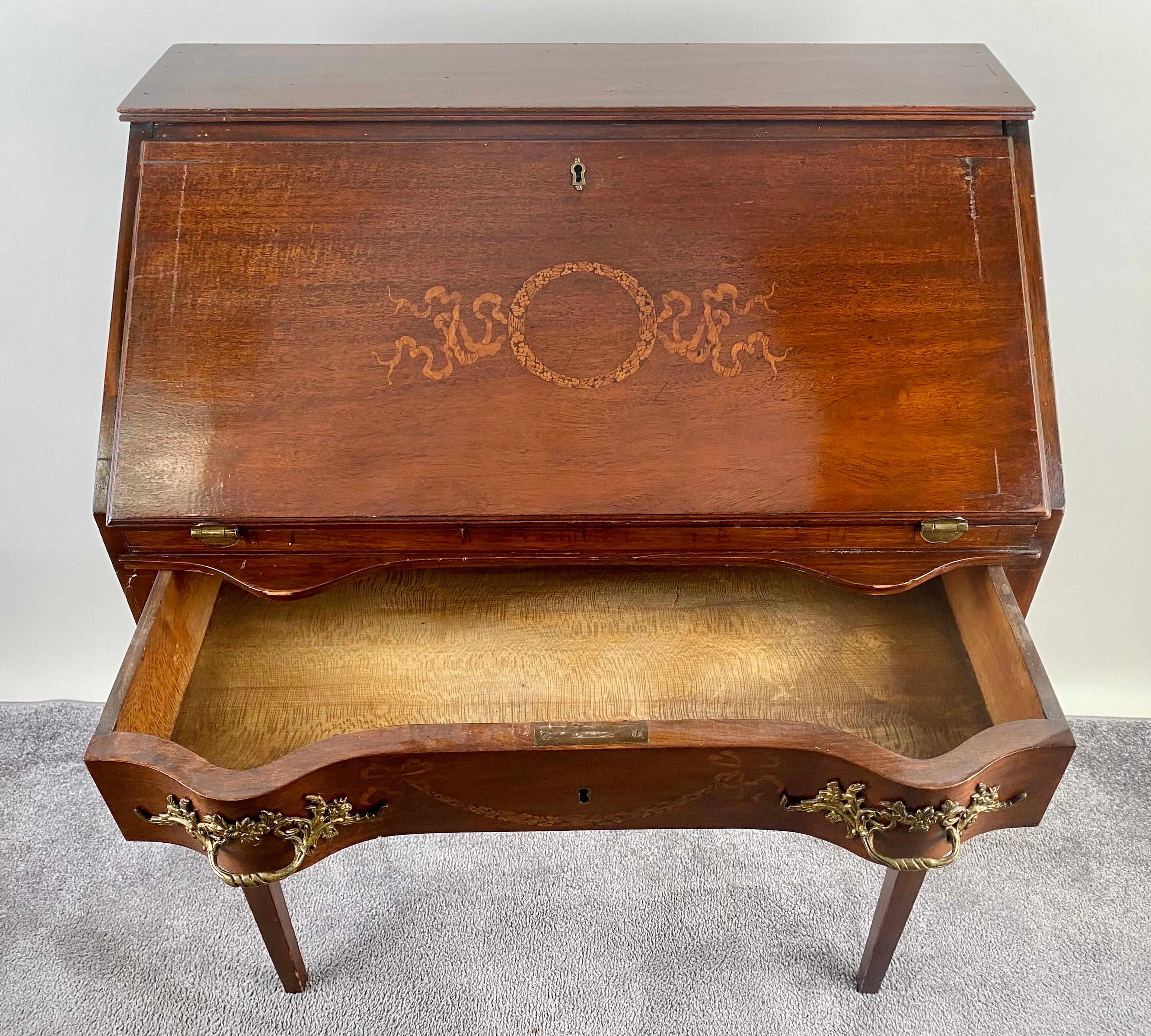 Antique English Edwardian Mahogany Inlaid Secretary Slant Front Desk & Chair  For Sale 7