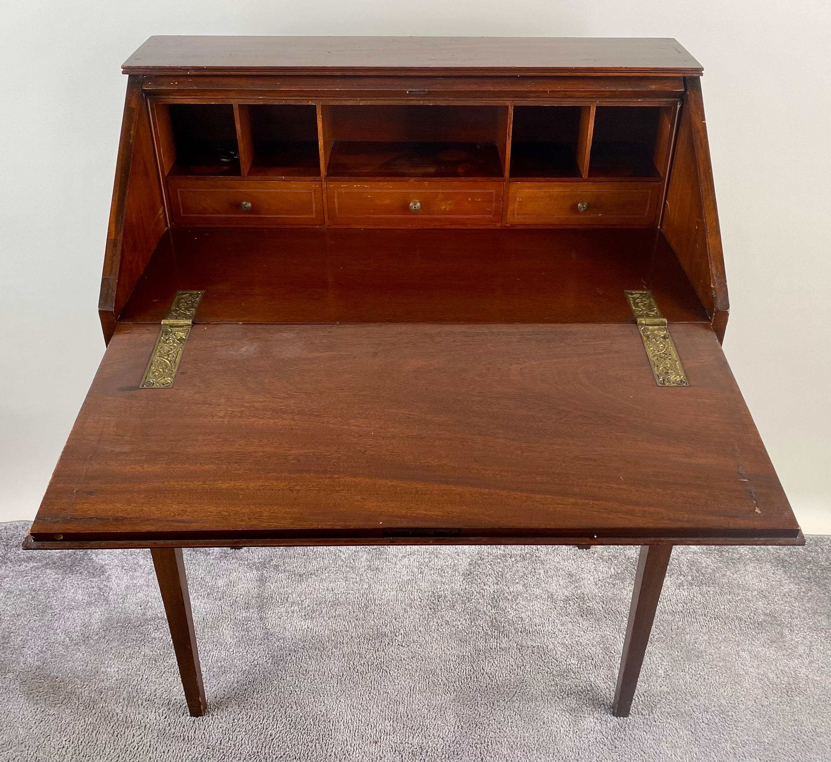 Antique English Edwardian Mahogany Inlaid Secretary Slant Front Desk & Chair  For Sale 3