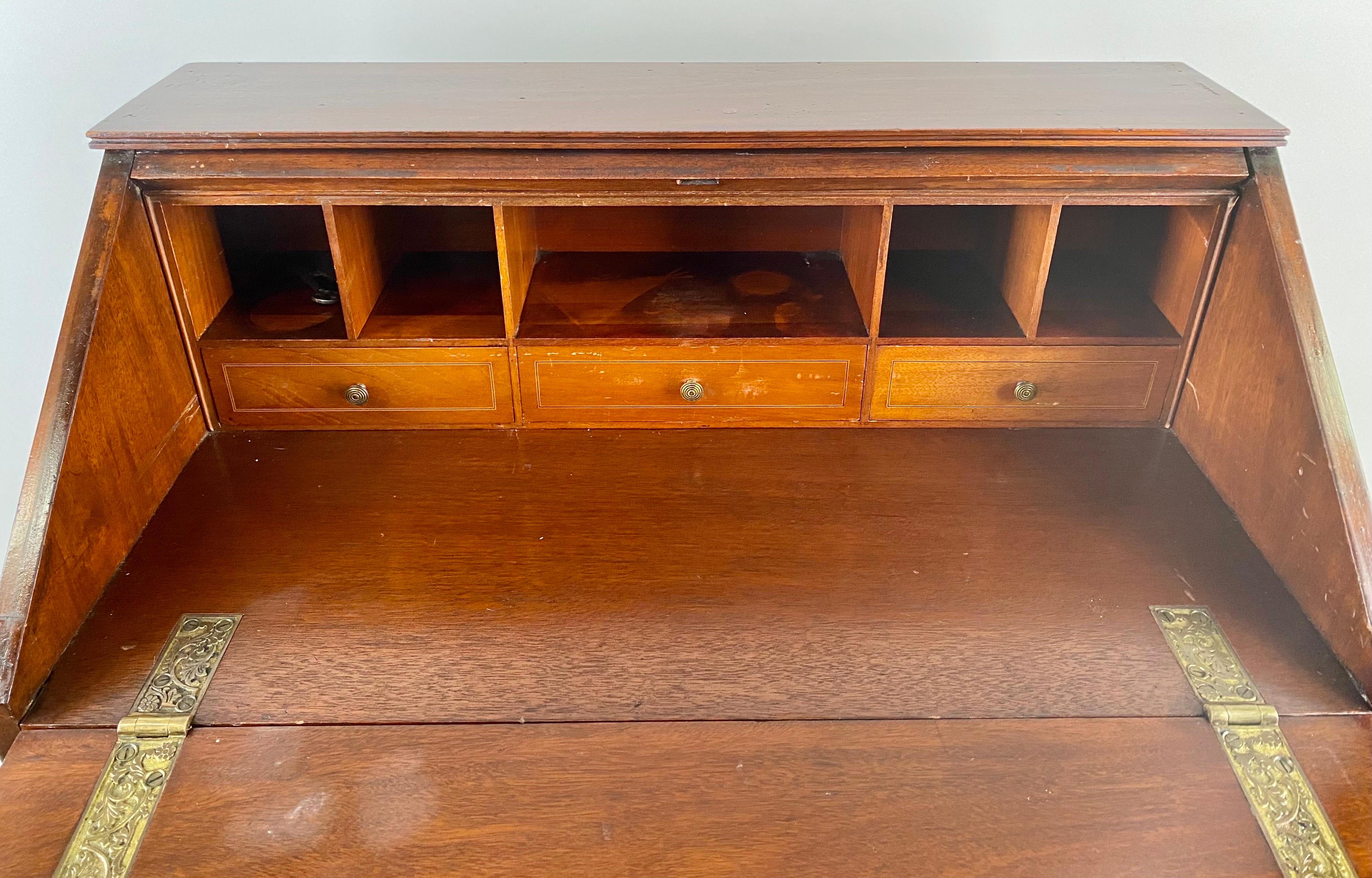 Antique English Edwardian Mahogany Inlaid Secretary Slant Front Desk & Chair  For Sale 4