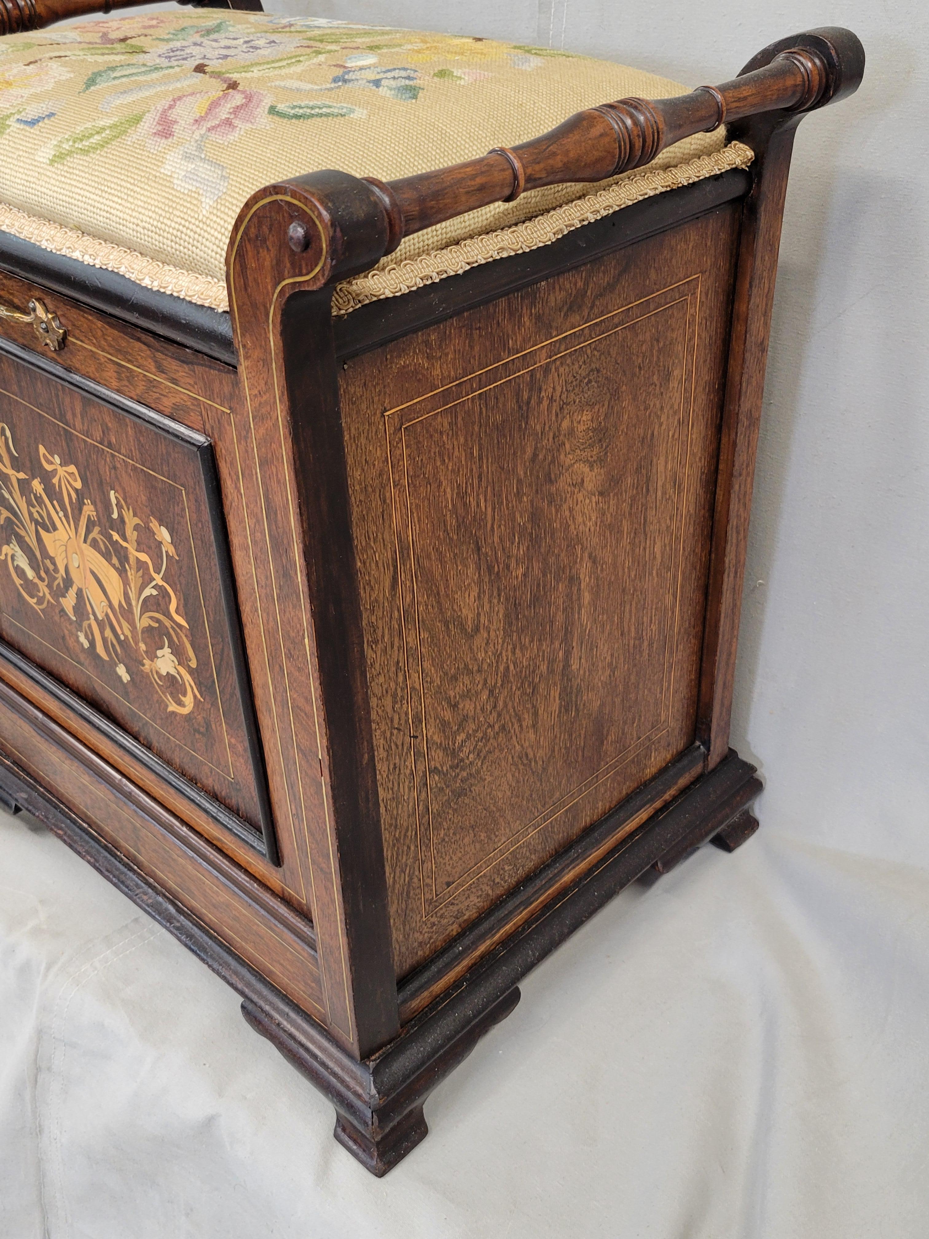 Antique English Edwardian Mahogany Inlay and Needelpoint Piano Stool 4
