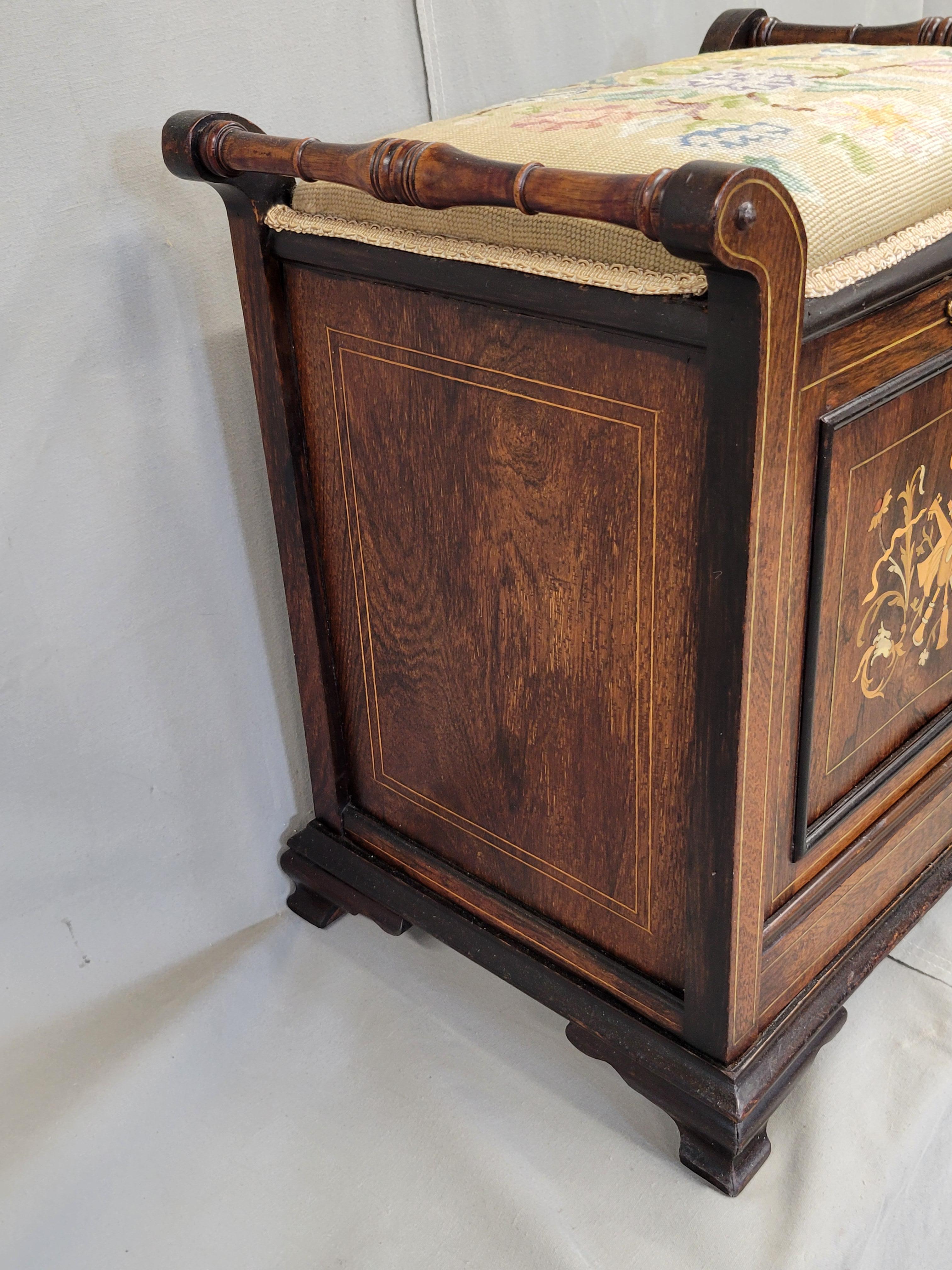 Antique English Edwardian Mahogany Inlay and Needelpoint Piano Stool 5