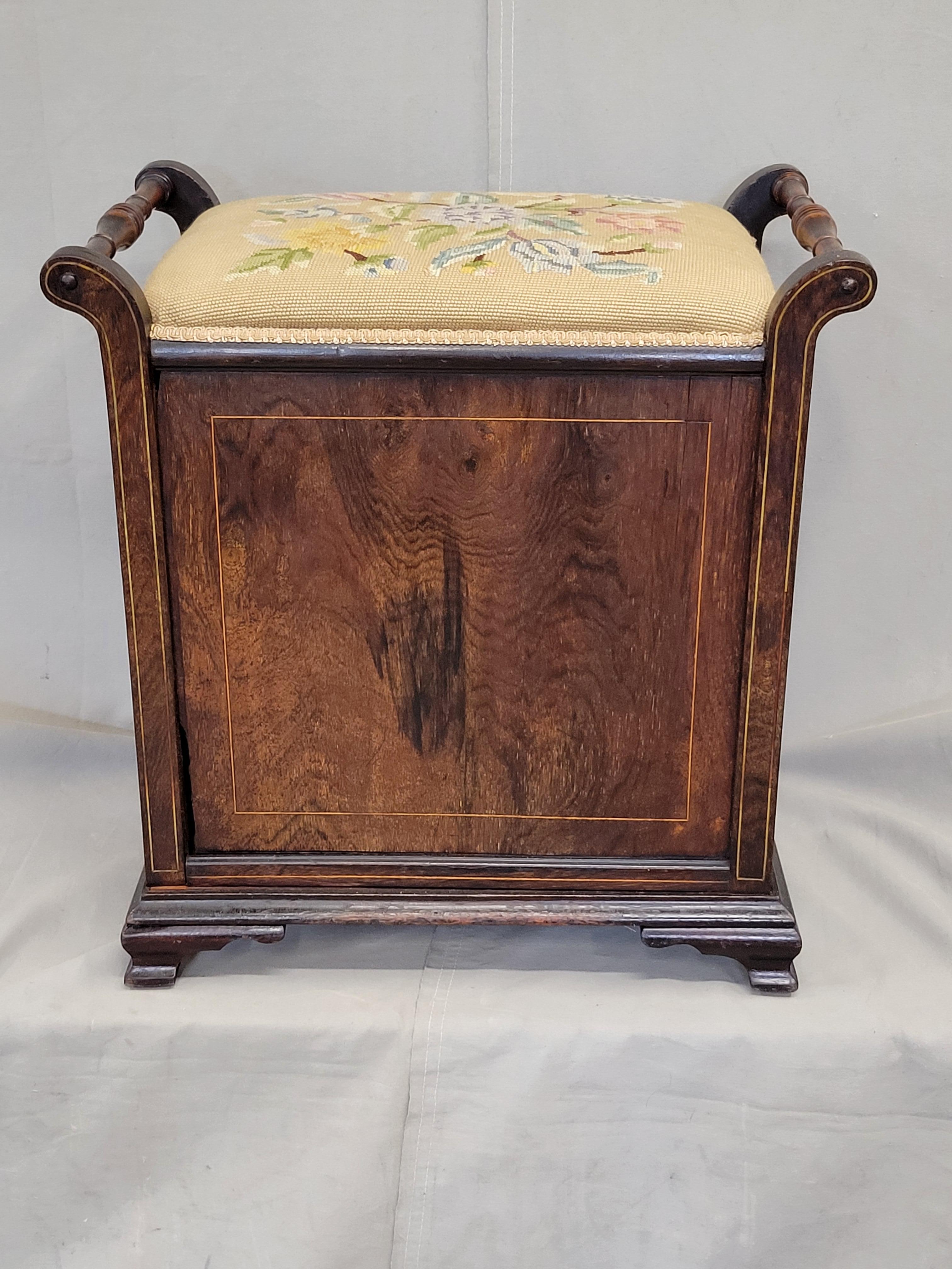Antique English Edwardian Mahogany Inlay and Needelpoint Piano Stool 6