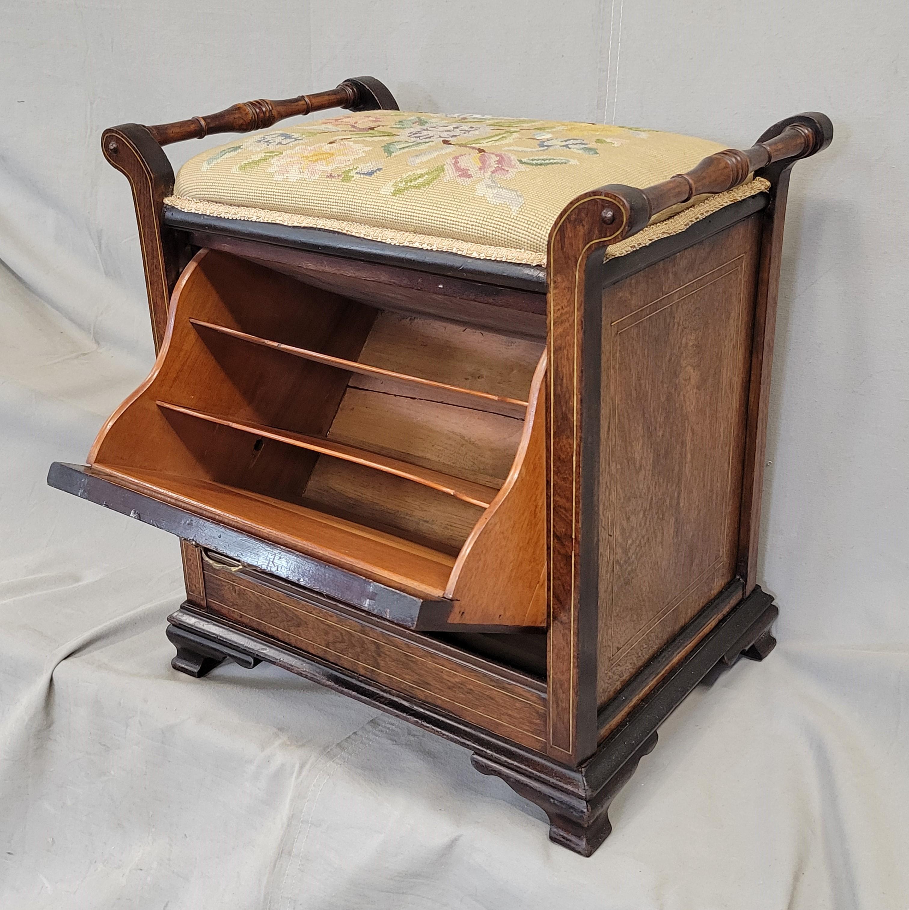 British Antique English Edwardian Mahogany Inlay and Needelpoint Piano Stool