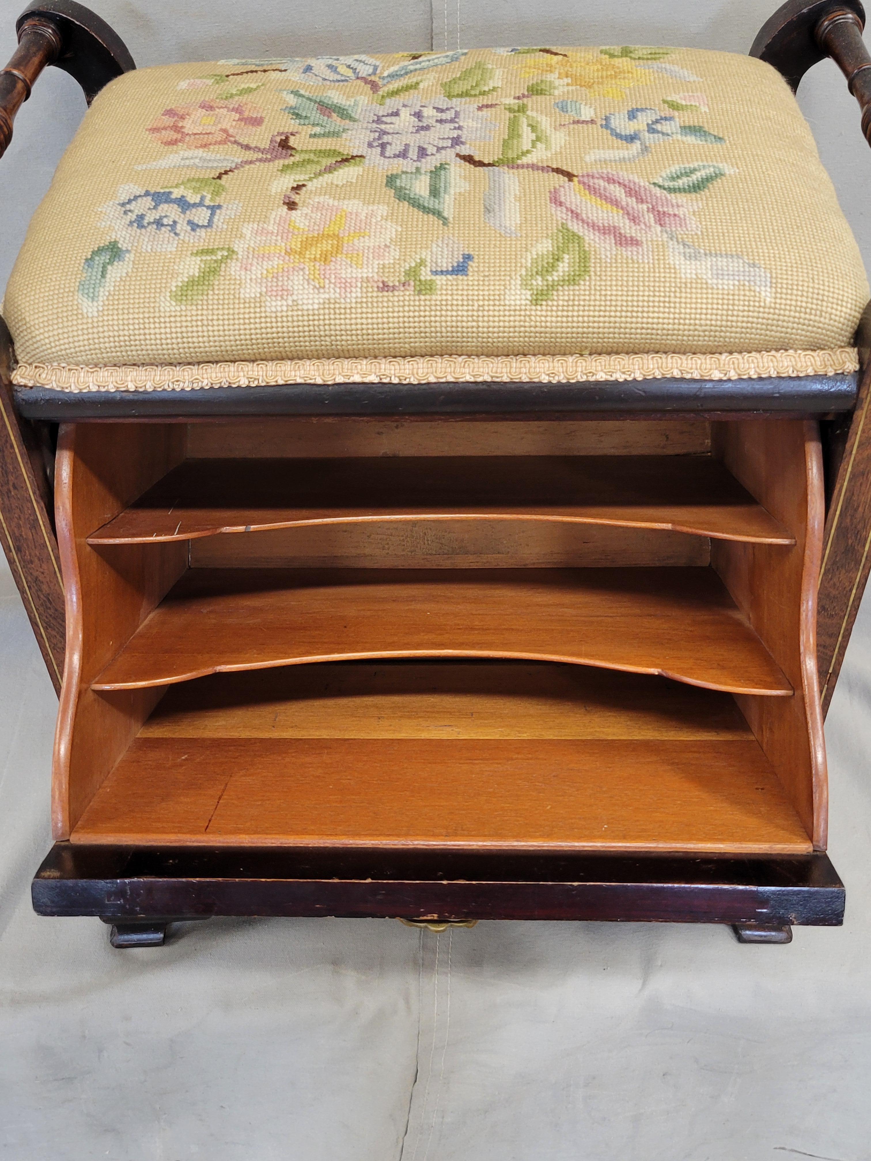 Early 20th Century Antique English Edwardian Mahogany Inlay and Needelpoint Piano Stool
