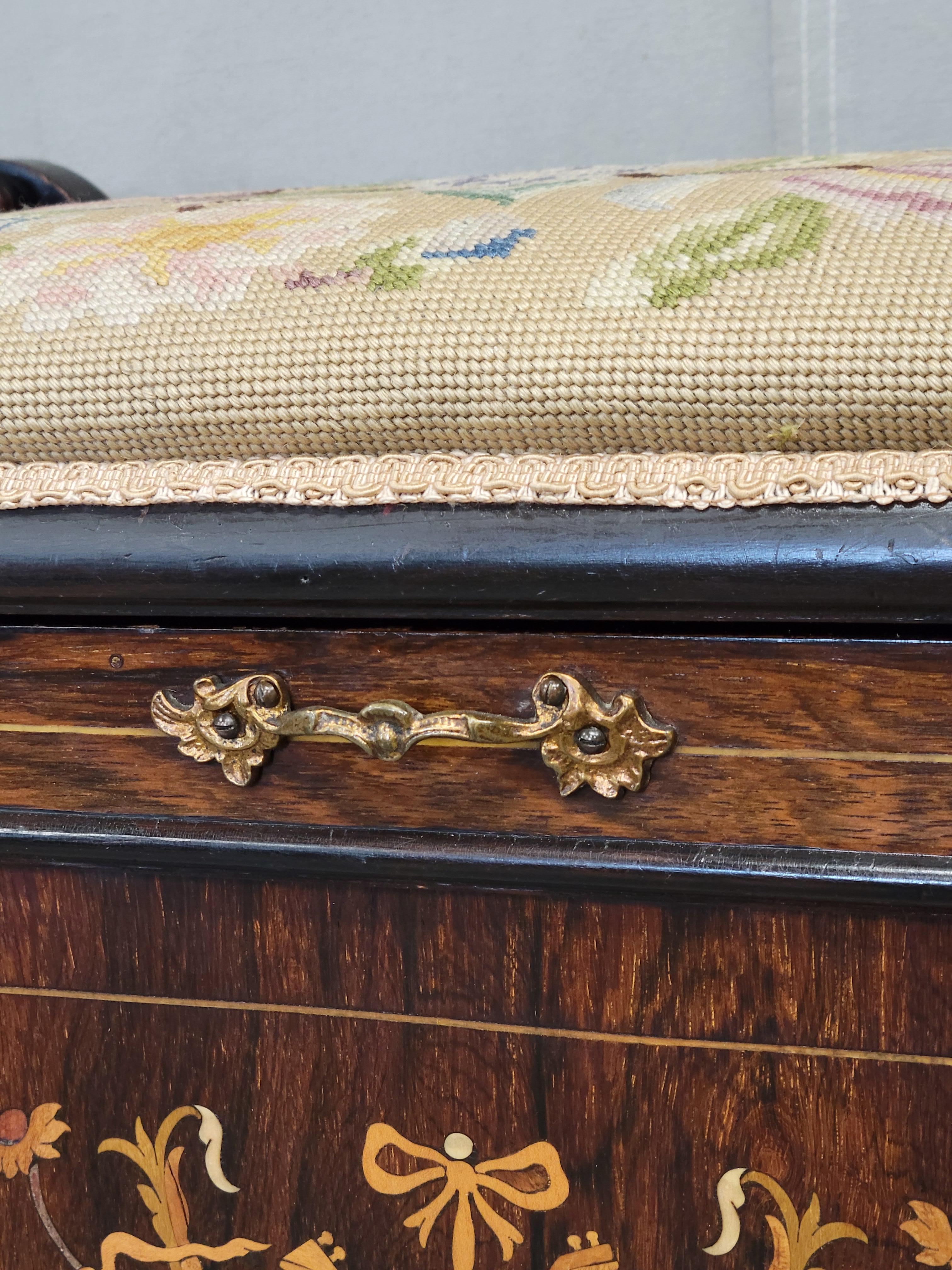 Antique English Edwardian Mahogany Inlay and Needelpoint Piano Stool 2