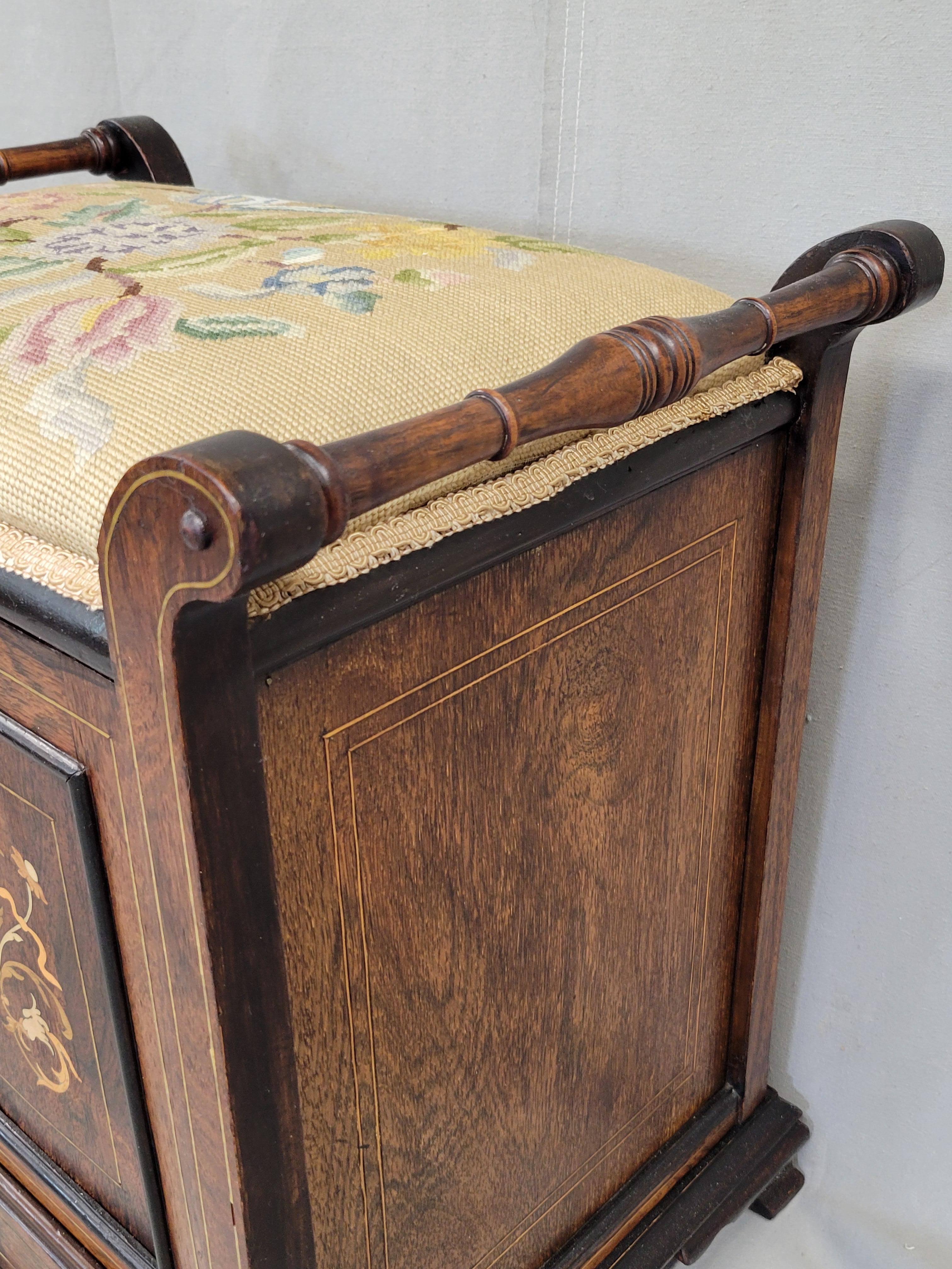 Antique English Edwardian Mahogany Inlay and Needelpoint Piano Stool 3